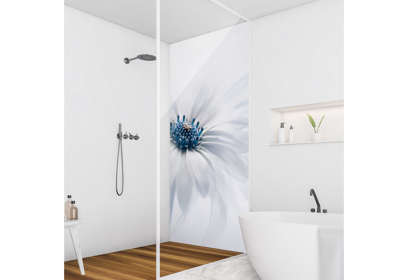 Thumbnail - Bilderdepot24 Badrückwand Blumen weiß Duschrückwand ohne Bohren Dusche Fliesenersatz, (Hartfolie matt » Selbstklebend PR...
