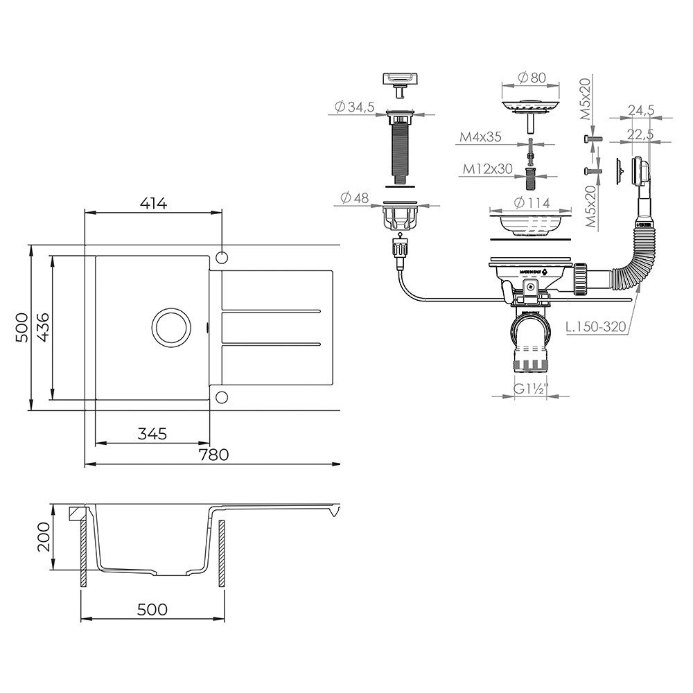 Bergstroem Granitspüle Kapstadt, Weiß, 78 x 50 cm, Rechteckig, 78/50 cm, (1 St)