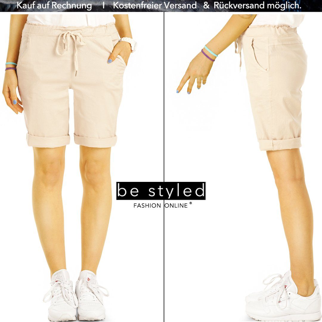 be styled Shorts Chino Stoff Kurze Unifarben, mit beige lockere Shorts - Hosen Kordelzug in Damen h28a - Bund elastischem Kordelzug, - mit mit