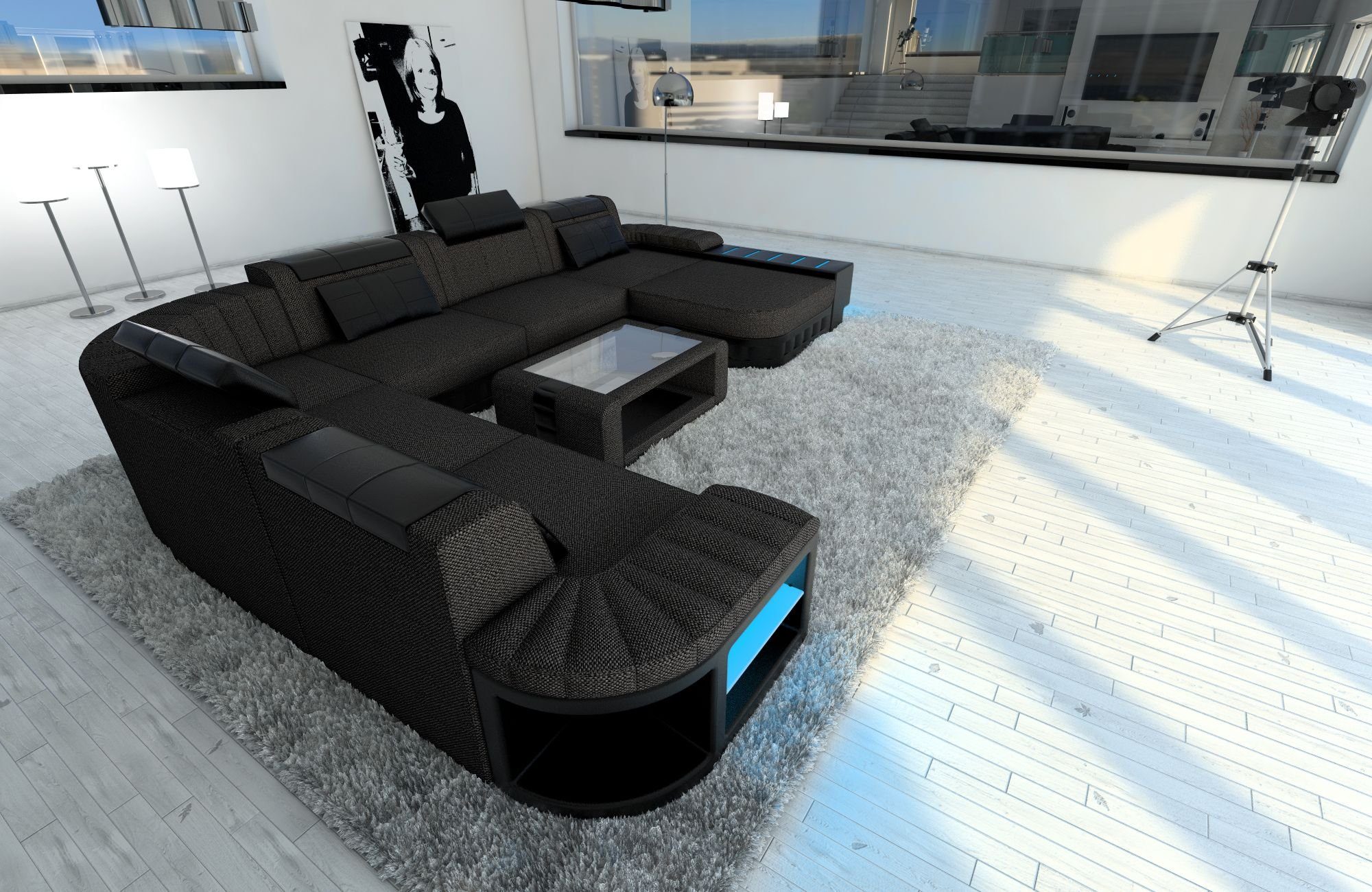 Couch Form Wohnlandschaft LED, mit U H12 Schlafsofa, Sofa Dreams Designersofa XXL Sofa als mit Bellagio Polster Bettfunktion Grau-Schwarz Stoffsofa, Schwarz wahlweise Stoff