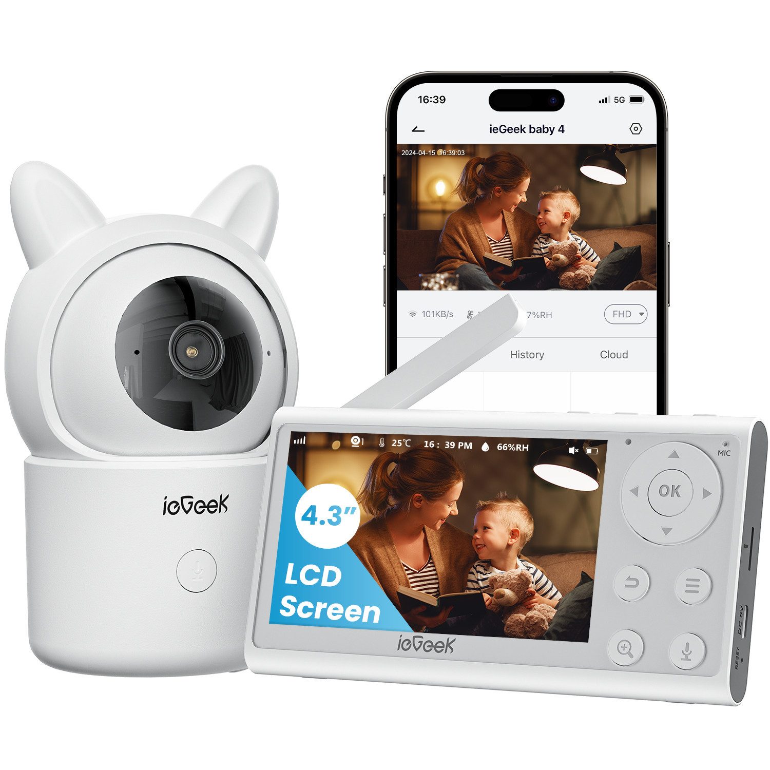 Video-Babyphone Babyphone mit 2 Kameras 4.3 Zoll, 1080P Video Babyphone mit Halterung