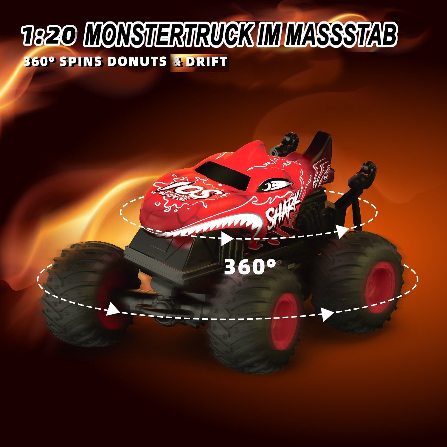 Esun RC-Auto Ferngesteuertes Auto, 2,4GHz20km/h RC Monstertruck mit Aufrecht Gehen (Packung, Komplettset), Ferngesteuerter Monster Truck, 360°Drehung, LED-Licht und Musi