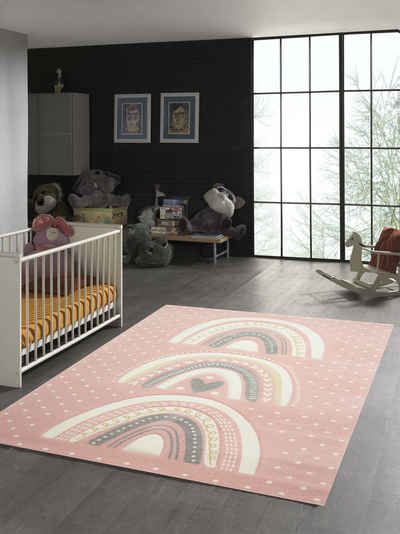 Kinderteppich Kinderteppich Herz Regenbogen rosa grau, TeppichHome24, rechteckig, Höhe: 1.3 mm