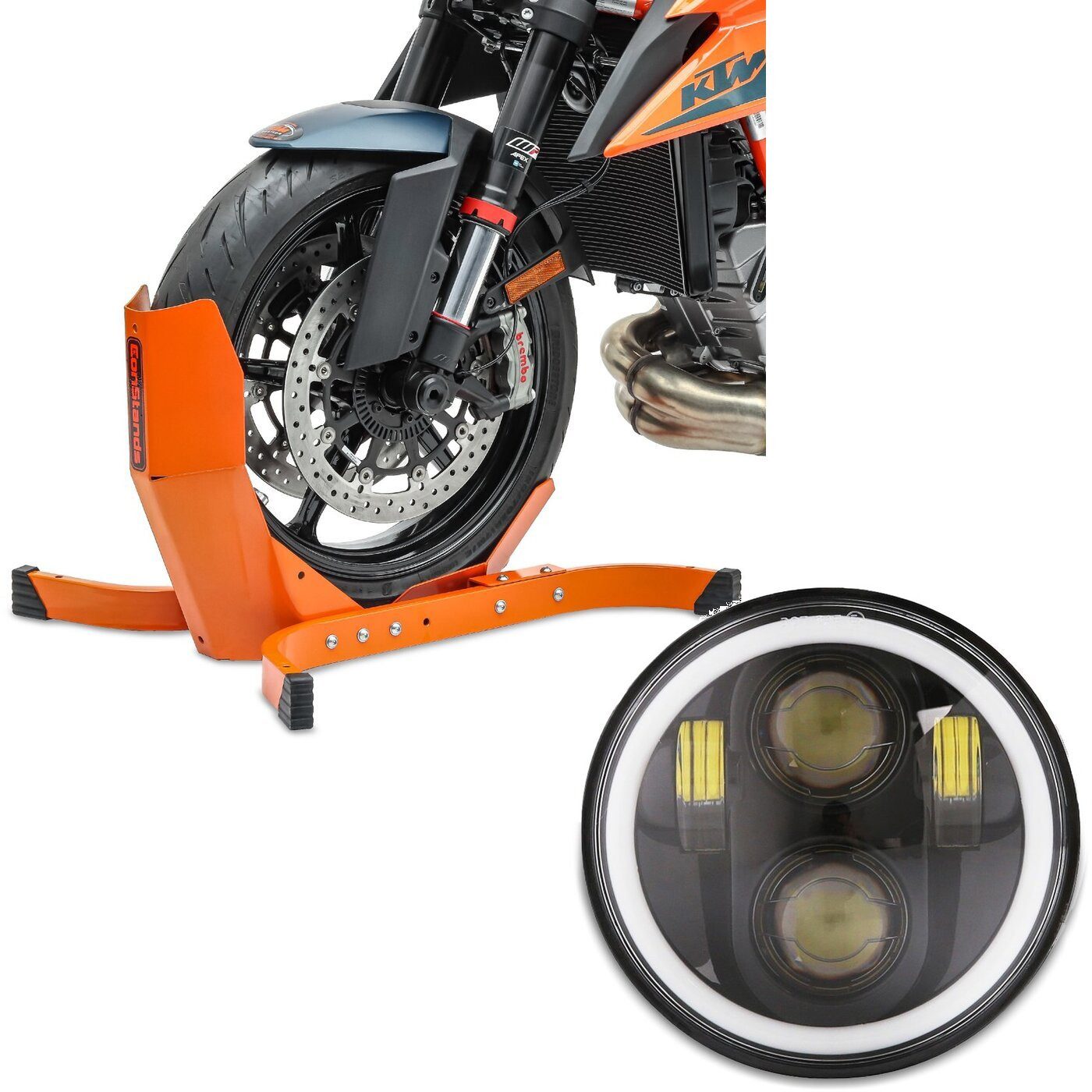 ConStands Motorradheber Set: Motorradwippe # Easy-Plus Motorradständer bis 21 Zoll orange + LE