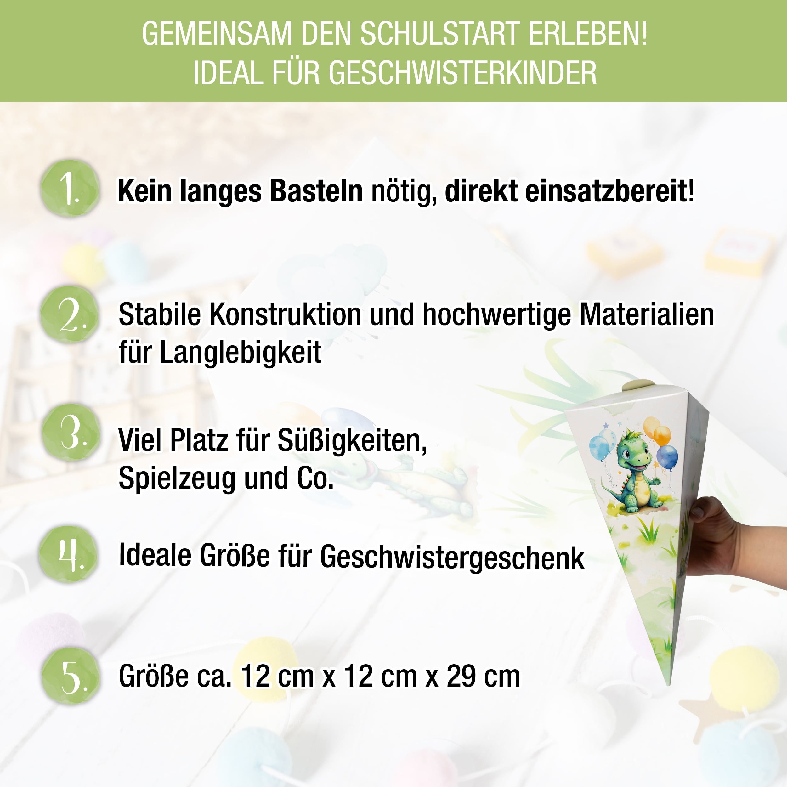 TOBJA Schultüte Kleine Geschwister Schultüte Dino - Zuckertüte Jungen oder Mädchen, Mini Schultüte im Dinosaurier Design Schulanfang