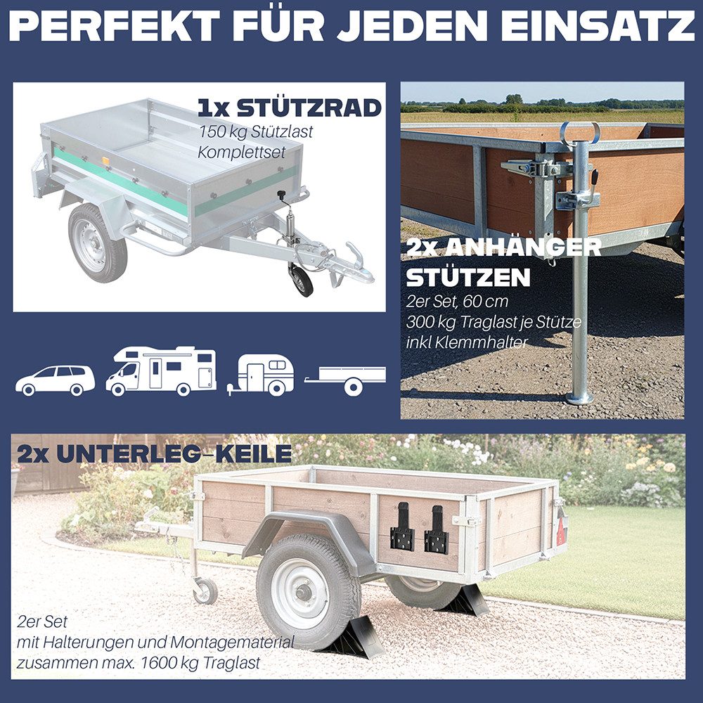 Trucky Anhänger-Stützrad Set Stützrad für Anhänger + 2x Anhängerstützen + 2x Unterlegkeile