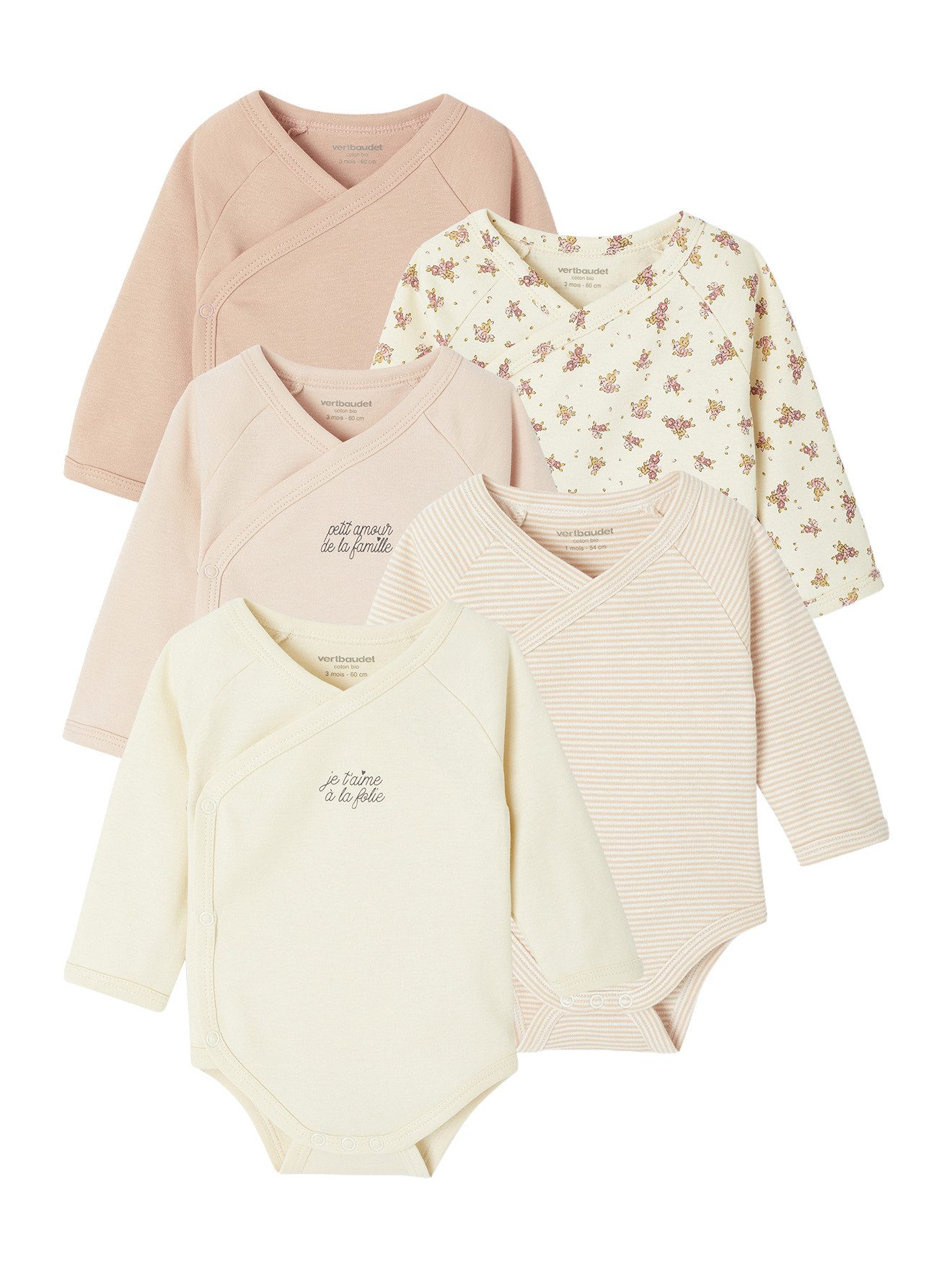 vertbaudet Body Bio-Kollektion: Baby Wickelbodys mit langen Ärmeln 5er-Pack