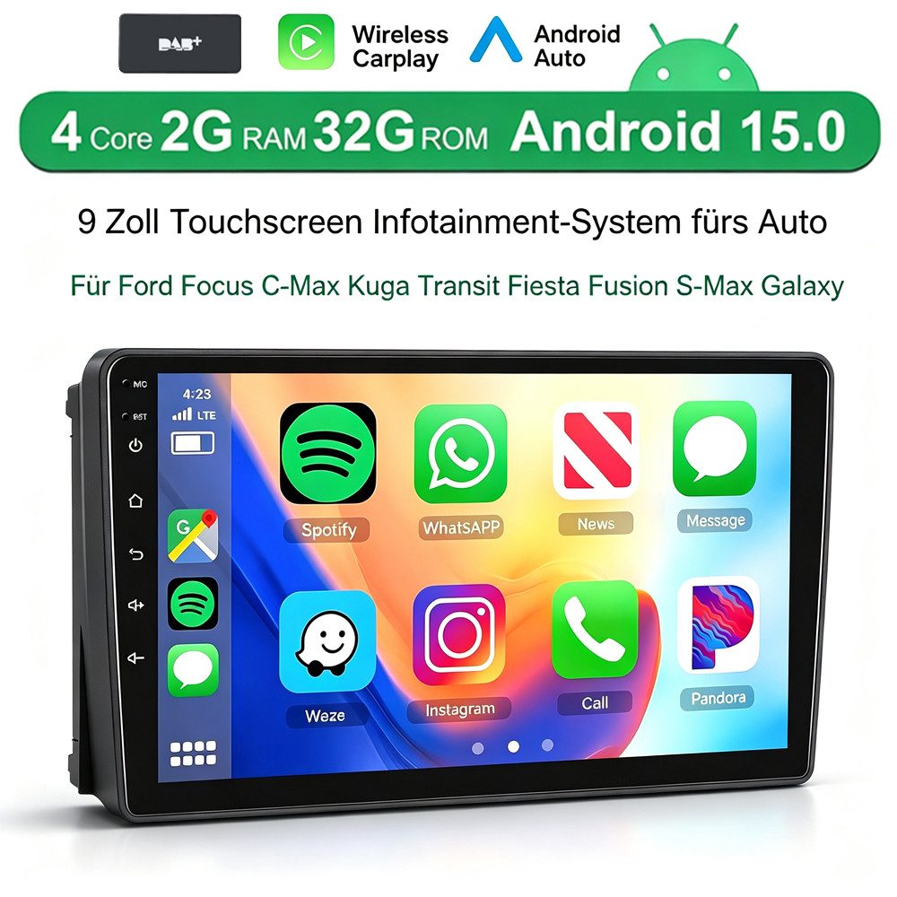 ESSGOO Android 15 Carplay Für Ford Focus Mk2 Transit C/S-MAX Galaxy Kuga 2DIN Autoradio (RDS, BT, 4+64GB(optional), Digitalradio (DAB), FM, GPS, Apple Carplay Android Auto GPS Navi WIFI BT 4.1 EQ RDS SWC)