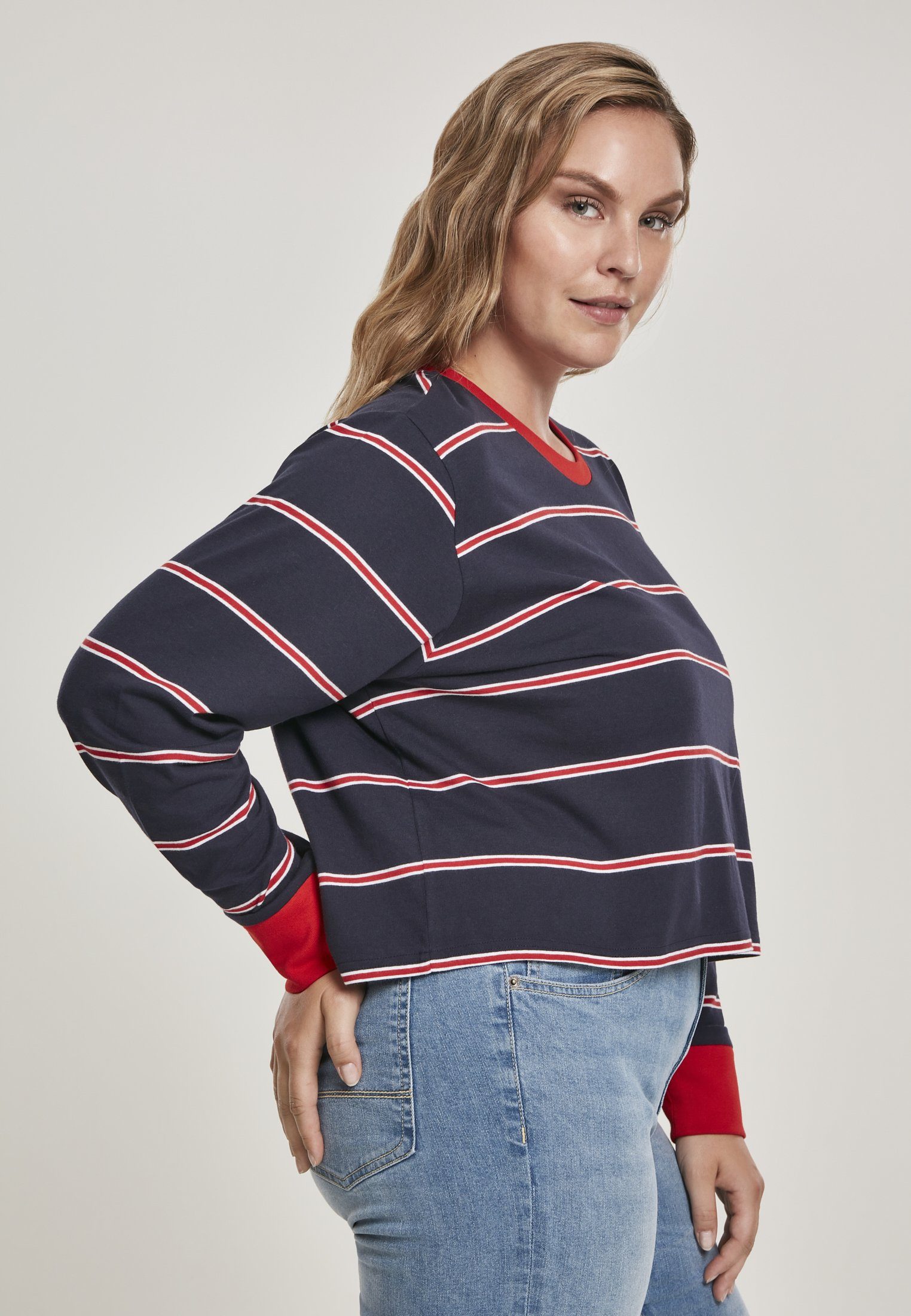 URBAN CLASSICS Langarmshirt LS Stripe Dyed Yarn Damen (1-tlg) Skate Dyed Yarn midnightnavy/red Short Short Ladies TB2990