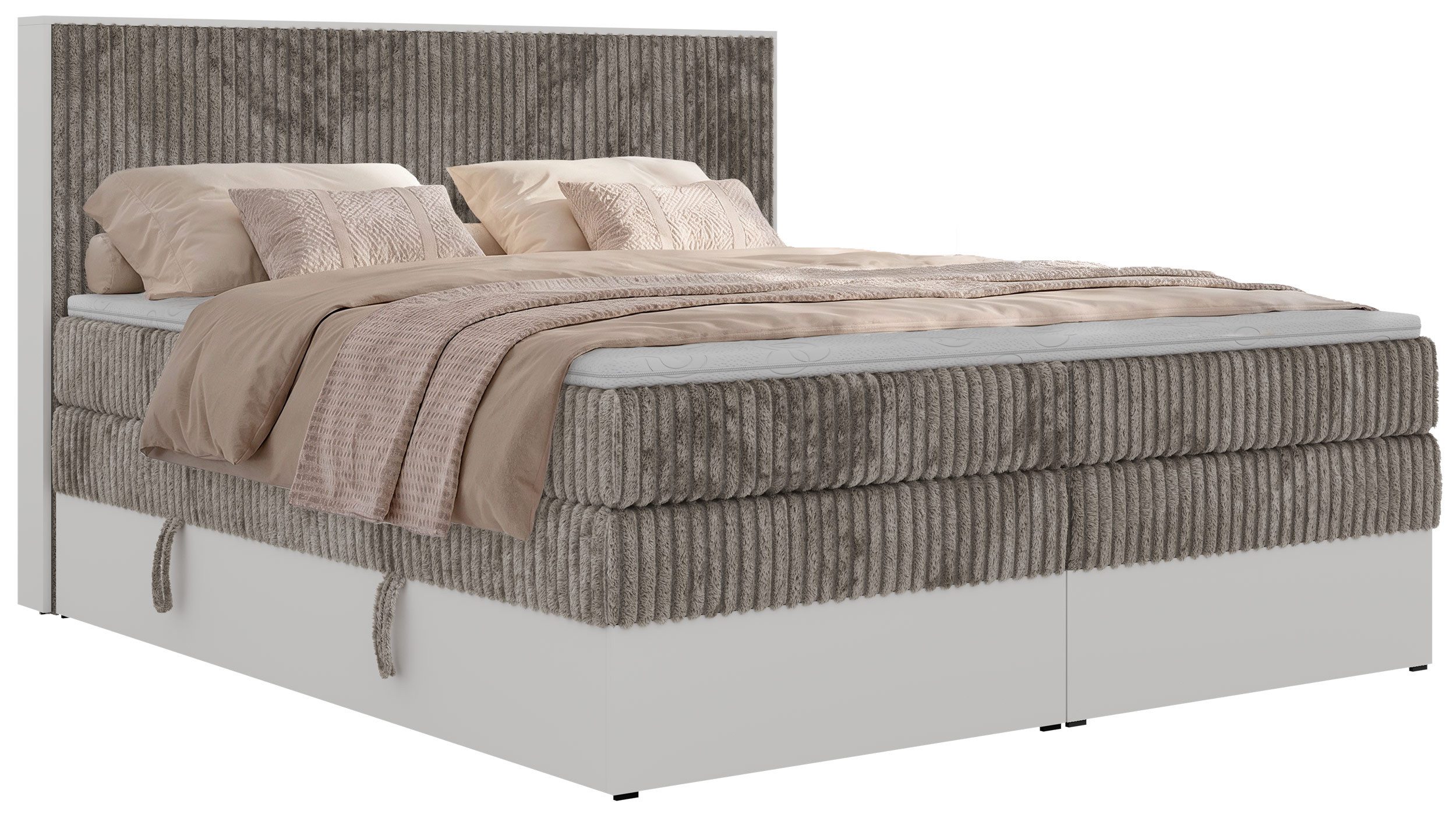 MKS MÖBEL Boxspringbett TRAVIT KING (mit Stauraum, Set, inkl. 2 Multipocket Matratzen und Topper (T25/Visco), Cord-Bezug), weiße Deko-Möbelplattenelementen, H3/H4, 140x200–200x200