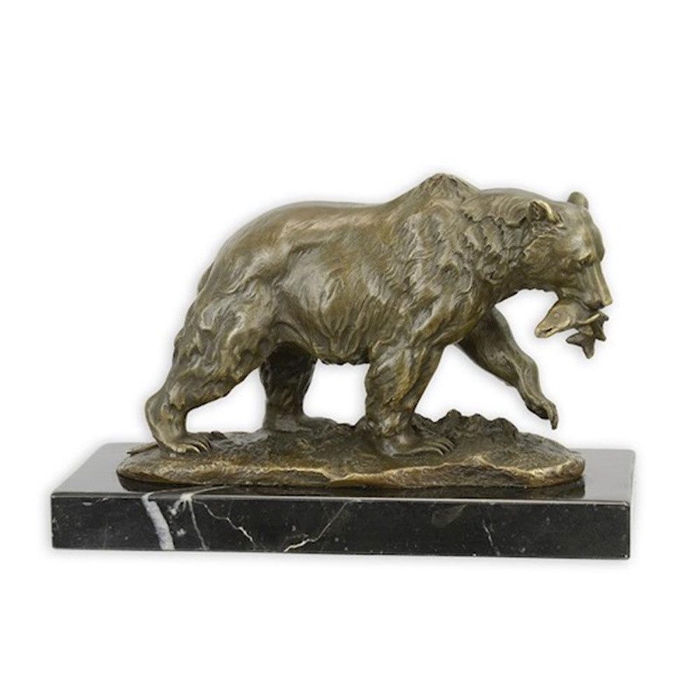 JS GartenDeko Dekofigur Bronzefigur Grizzlybär laufend auf Fischjagd auf Sockel H 12,6 cm