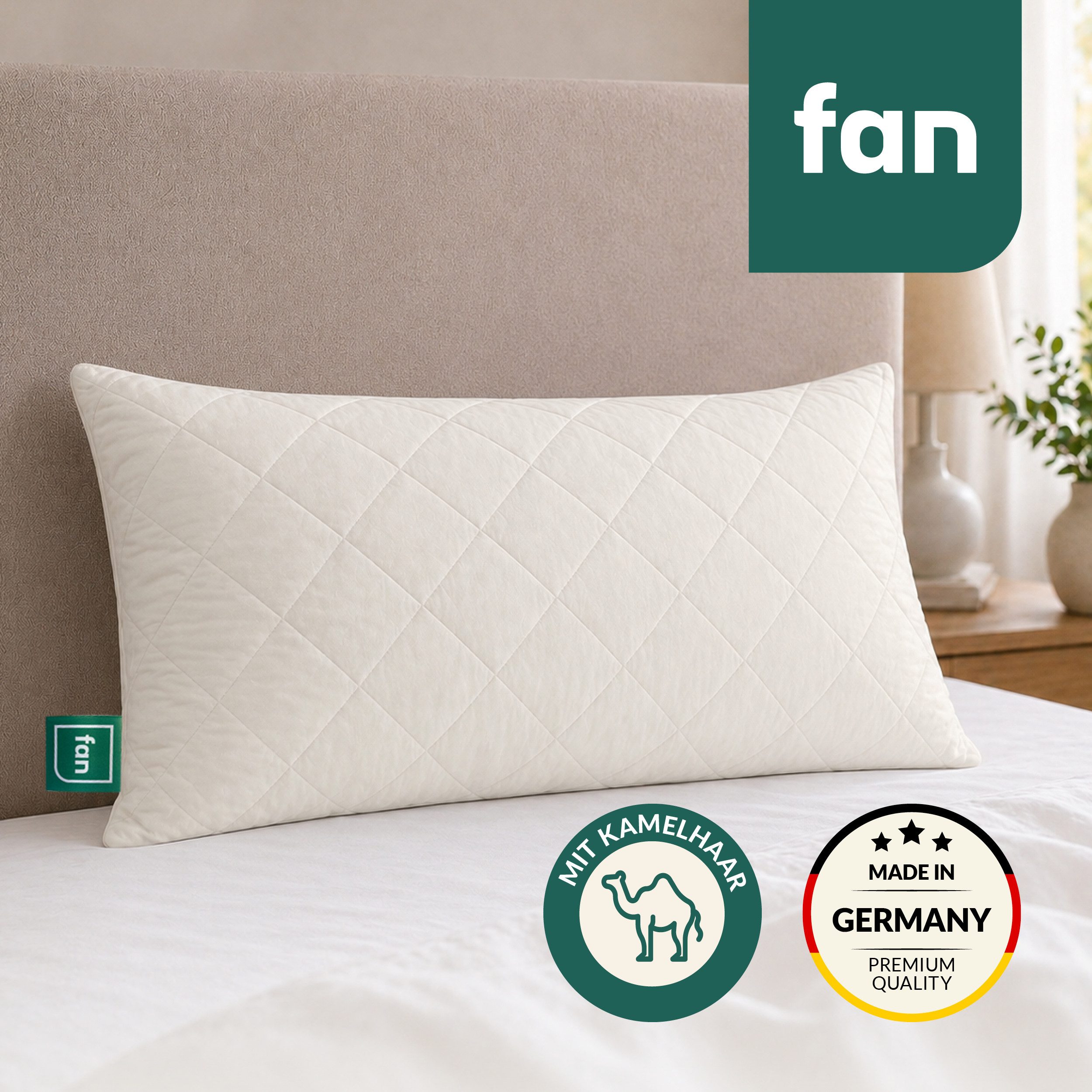fan Naturfaserkissen Gobi, Kopfkissen in 40x80 & 80x80 cm, Made in Germany, Füllung: 97% Wolle, 3% sonstige Fasern, Bezug: 100% Baumwolle versteppt mit 97% Kamelhaar, 3% sonst. Fasern, Kissenbezug aus Baumwolle mit Kamelhaar versteppt, Füllung aus Wolle
