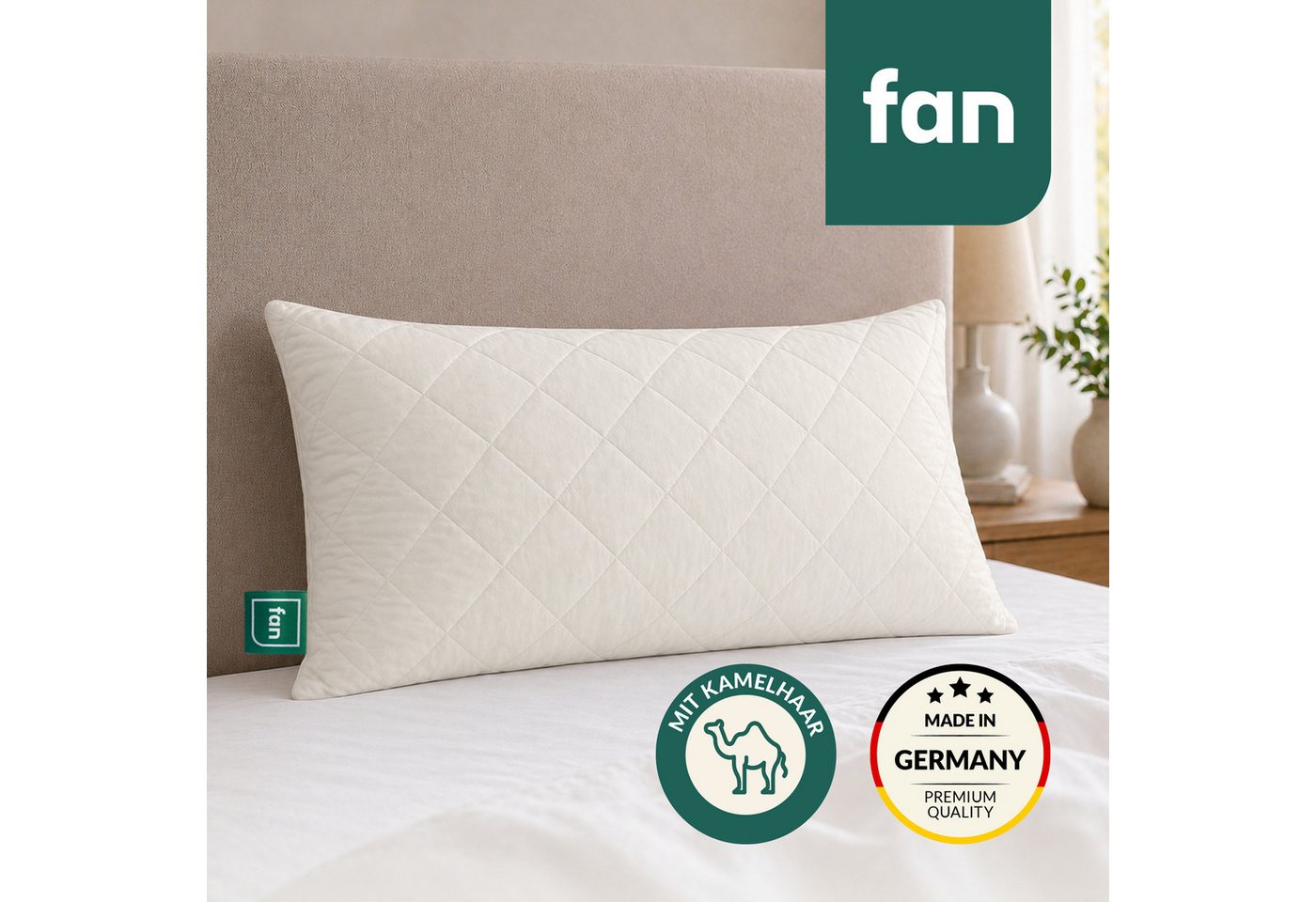 fan Naturfaserkissen Gobi, Kopfkissen in 40x80 & 80x80 cm, Made in Germany, Füllung: 97% Wolle, 3% sonstige Fasern, Bezug: 100% Baumwolle versteppt mit 97% Kamelhaar, 3% sonst. Fasern, Kissenbezug aus Baumwolle mit Kamelhaar versteppt, Füllung aus Wolle