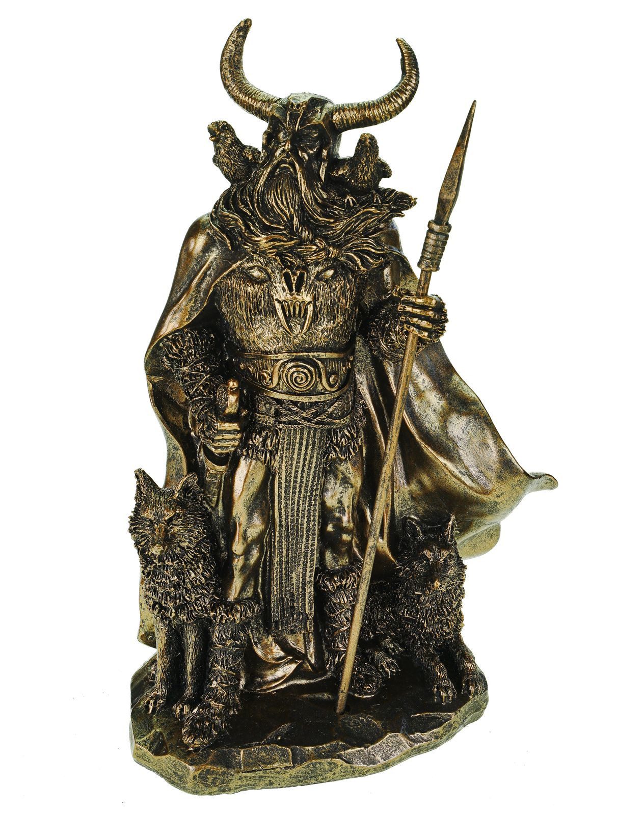 Kremers Schatzkiste Dekofigur Gott Odin mit seinen Raben Hugin + Munin + den Wölfen Geri und Freki