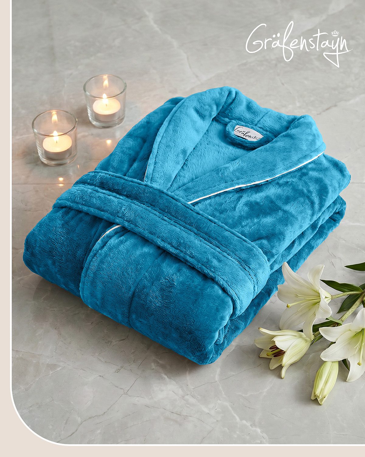 Gräfenstayn Damenbademantel Bademantel Damen flauschig Kapuze Kuschelfleece leicht kurz, warm & kuschelig, Knielang, Fronttaschen, Gürtel, S-XXL – Bild 2 von 5
