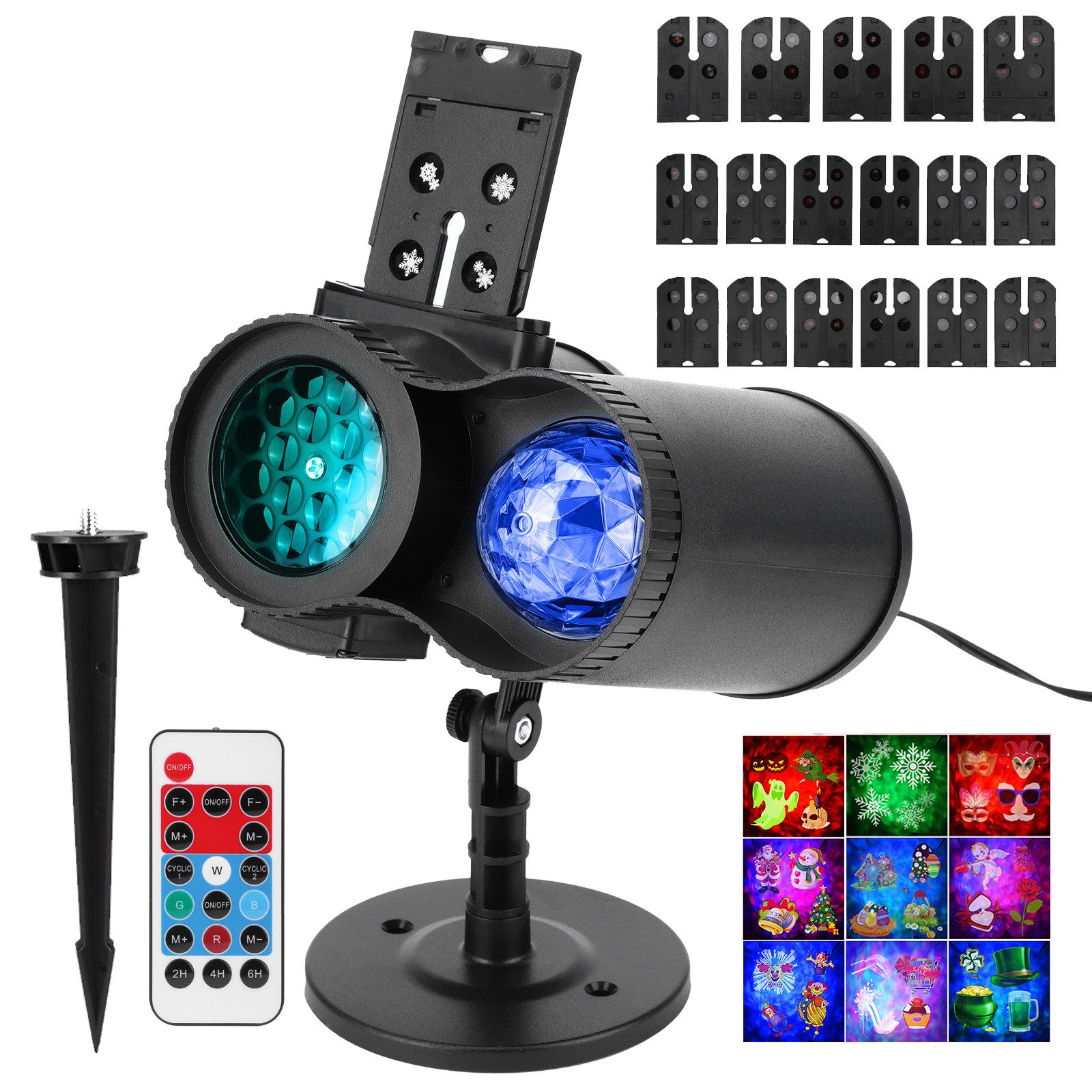 LMaxhome Projektionslampe Laser Doppelköpfe LED, IP65 Wasserdicht, Weihnachten Halloween Deko, LED fest integriert, 12 Muster, 10 Modi, 3D Ocean Wave, Timing, Projektor für Außen Innen