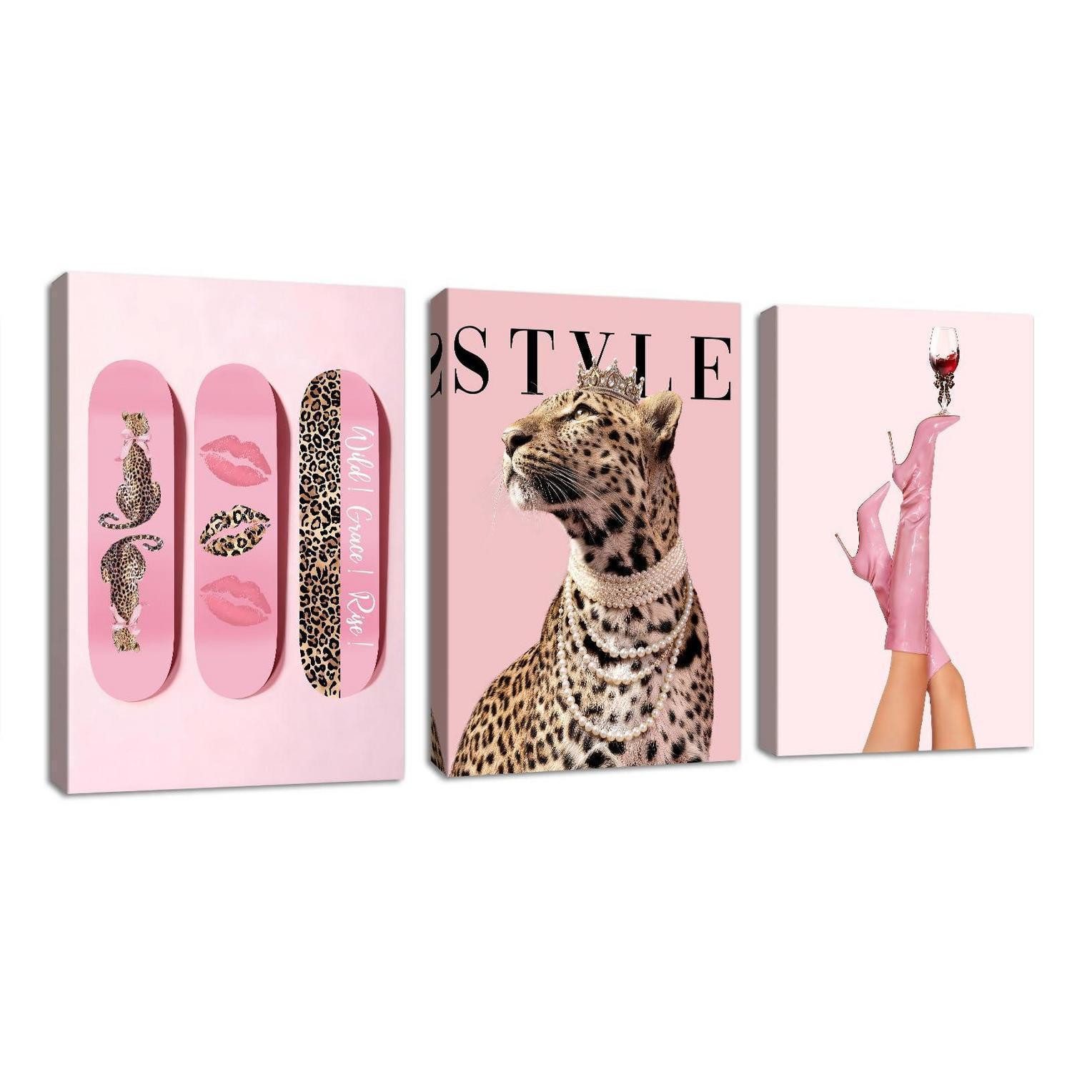 LuxusKollektion Mehrteilige Bilder 3x Wandbild Leopard Rosa 40x60cm, (3 St)