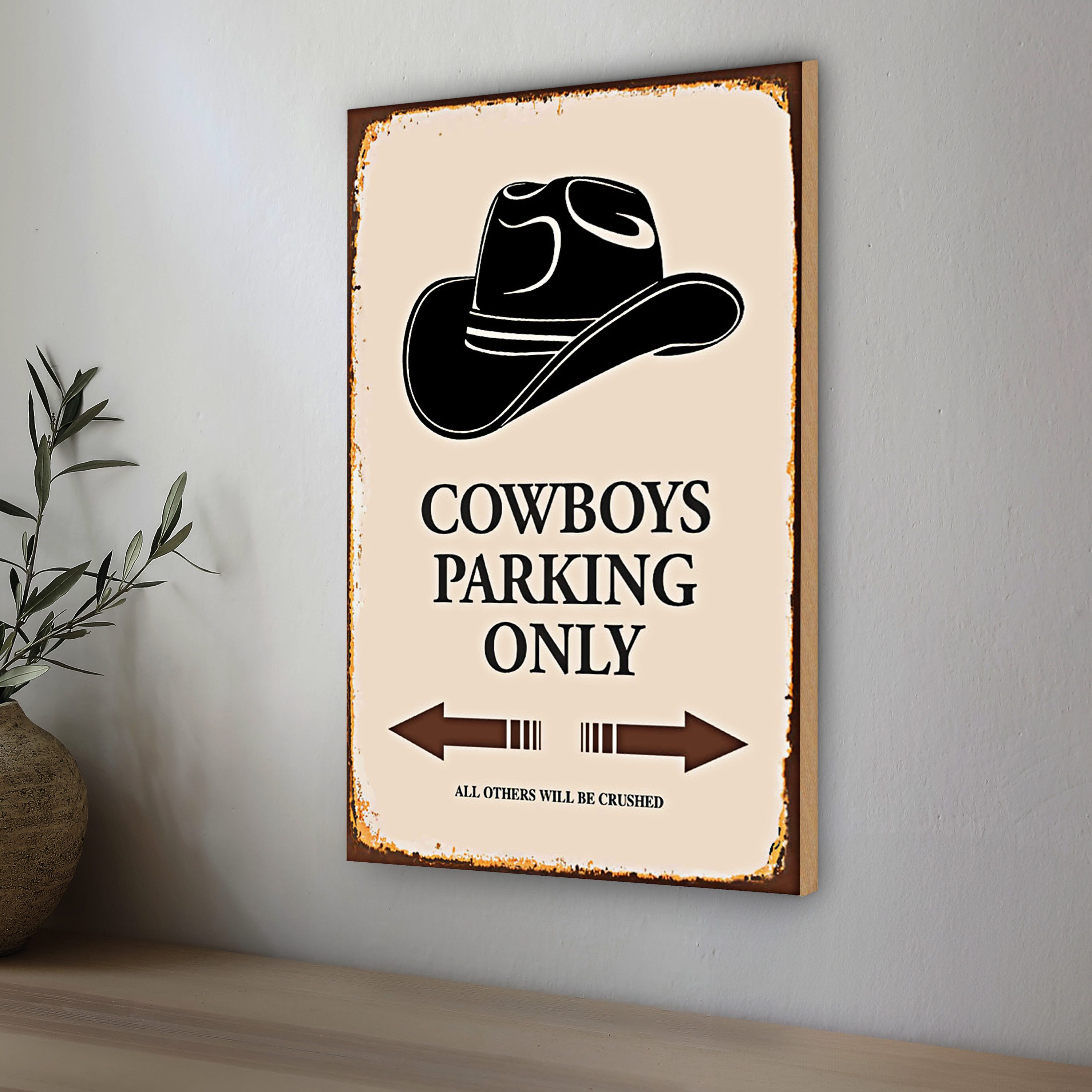 Roomando Holzbild Spruch 30x40cm Cowboys parking only