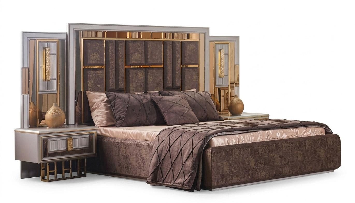 JVmoebel Komplettschlafzimmer Schlafzimmer Set Bett Kleiderschrank 2x Nachttische Grau Moderner Stil, (4-tlg), Made in Europa
