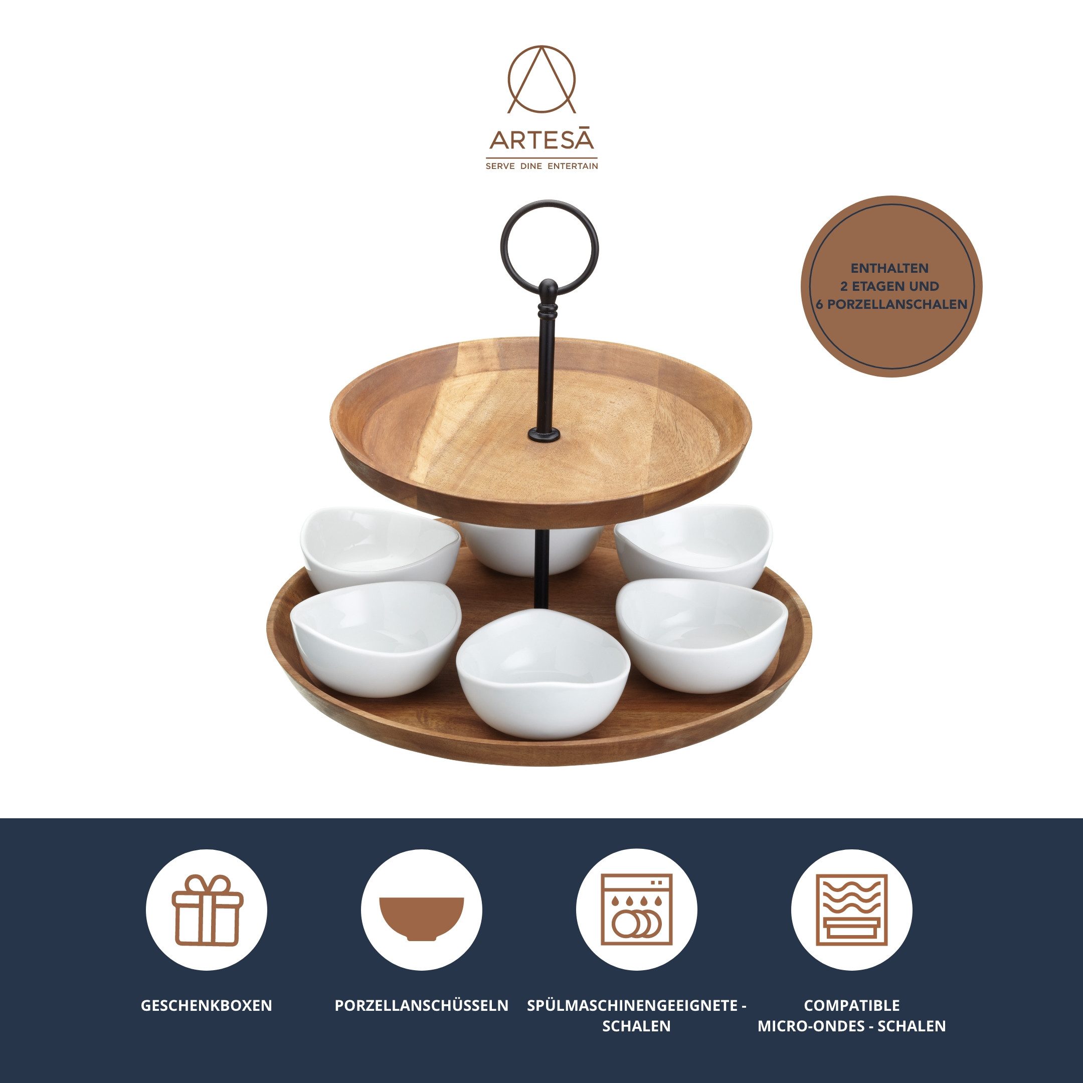 Artesà Servier-Set ARTESÀ, Holzwerkstoff, Porzellan, 2-stufig, inkl. 6 Schälchen
