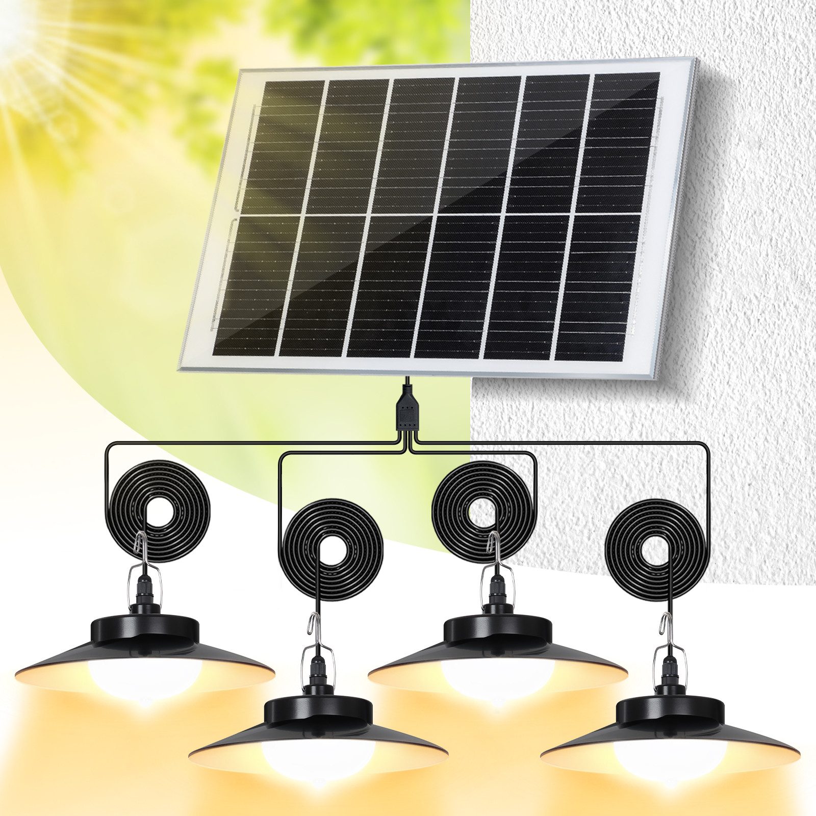 Jibenhome LED Solarleuchte Solar Pendelleuchten Außen 1/2/3/4 Kopf,mit Extra Großes Solarpanel, 5 Beleuchtungsmodi & Fernbedienung, mit 5m Kabel,für Garage, Patio