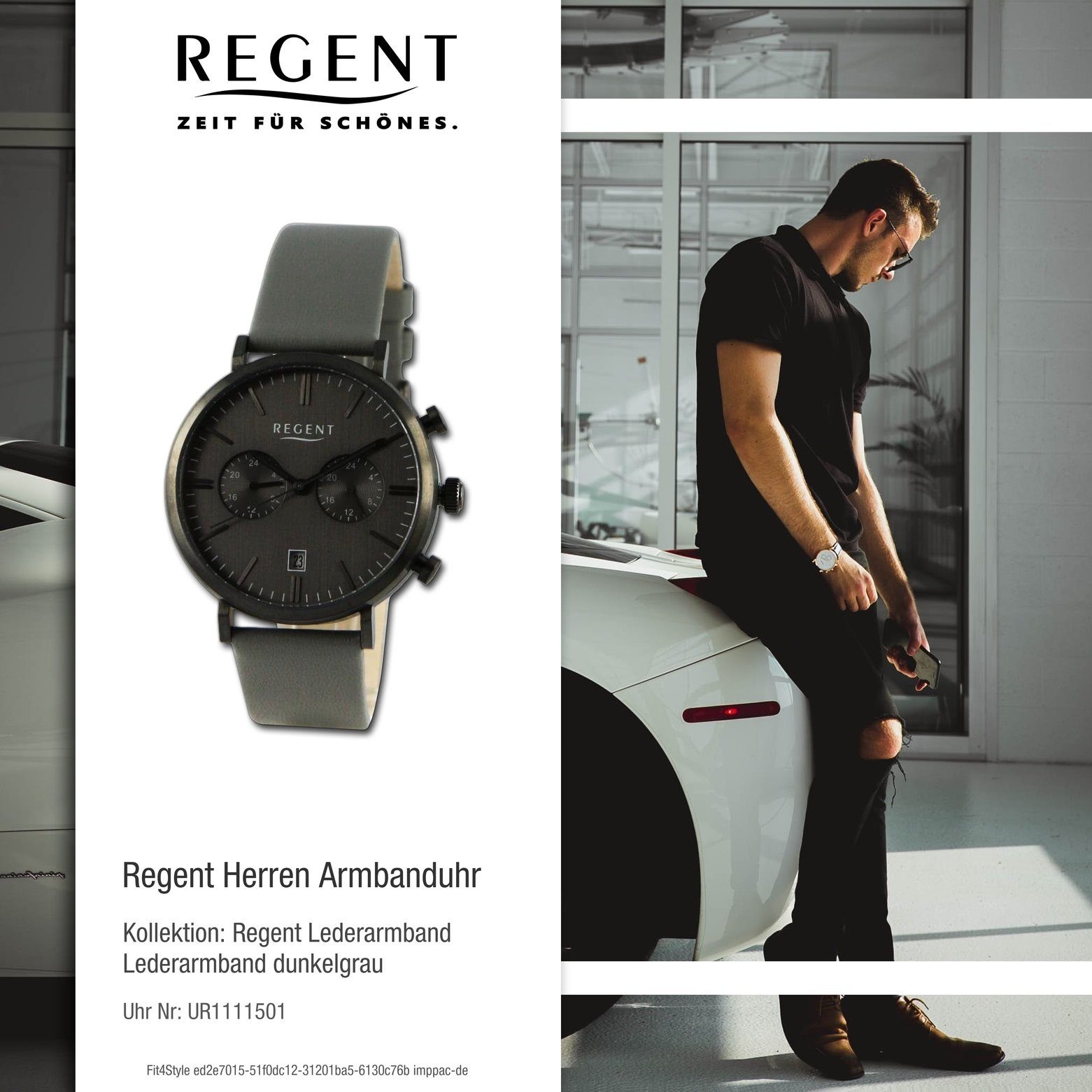 Regent Quarzuhr Regent Herren Armbanduhr Analog, rund, extra (ca. 41mm), groß Herren Lederarmband Armbanduhr