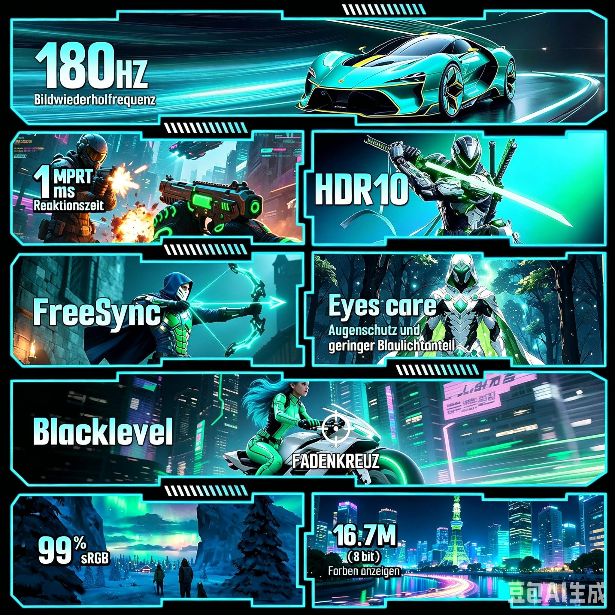 Great Voell 24 Zoll FHD-1080p-Monitor, FreeSync, HDR10, 180 Hz Ultraschlankes Gaming-Monitor (60,5 cm/24 ", 1920 x 1080 px, FHD, 1 ms Reaktionszeit, 180 Hz, VA LED, FreeSync, Niedriges blaues Licht, 180Hz, Ultraschlankes, Rahmenloses)
