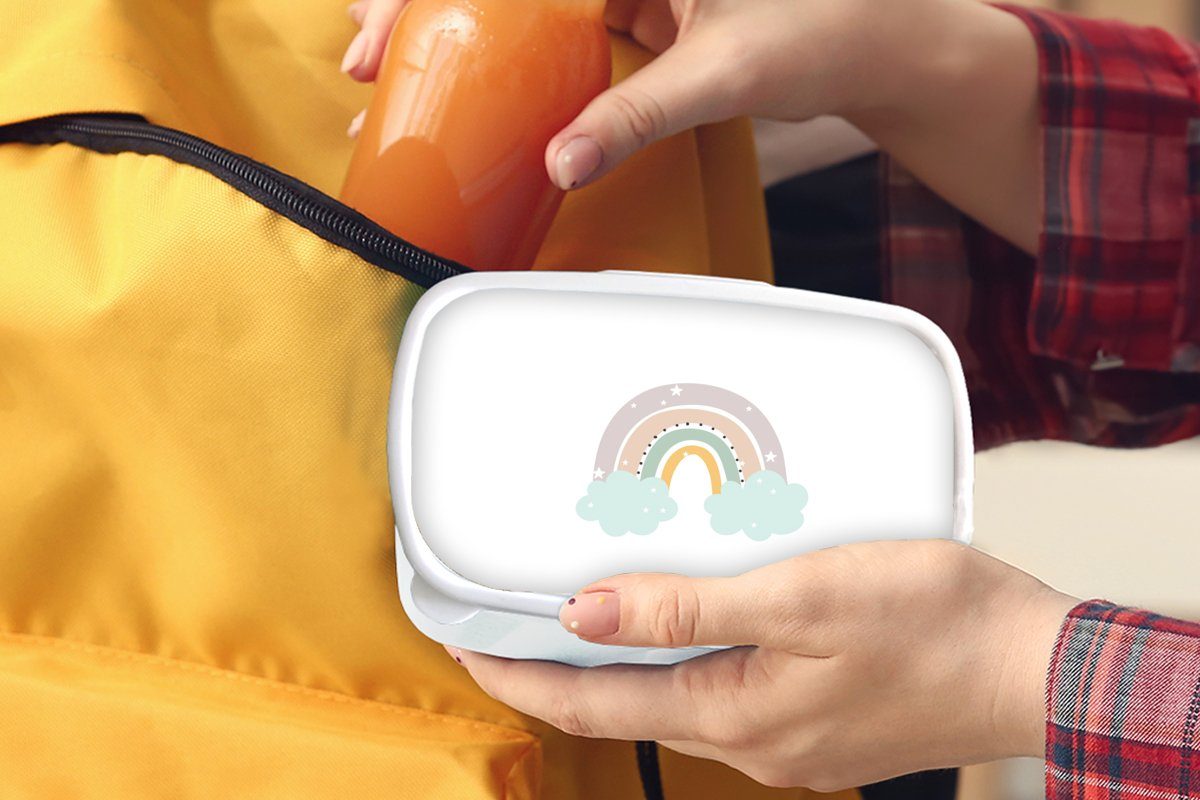 MuchoWow Lunchbox Regenbogen - Jungs Kinder, Wolken Punkte Mädchen Brotbox für für Kinder Sterne Brotdose, und Kunststoff, - - - weiß (2-tlg), Erwachsene, und