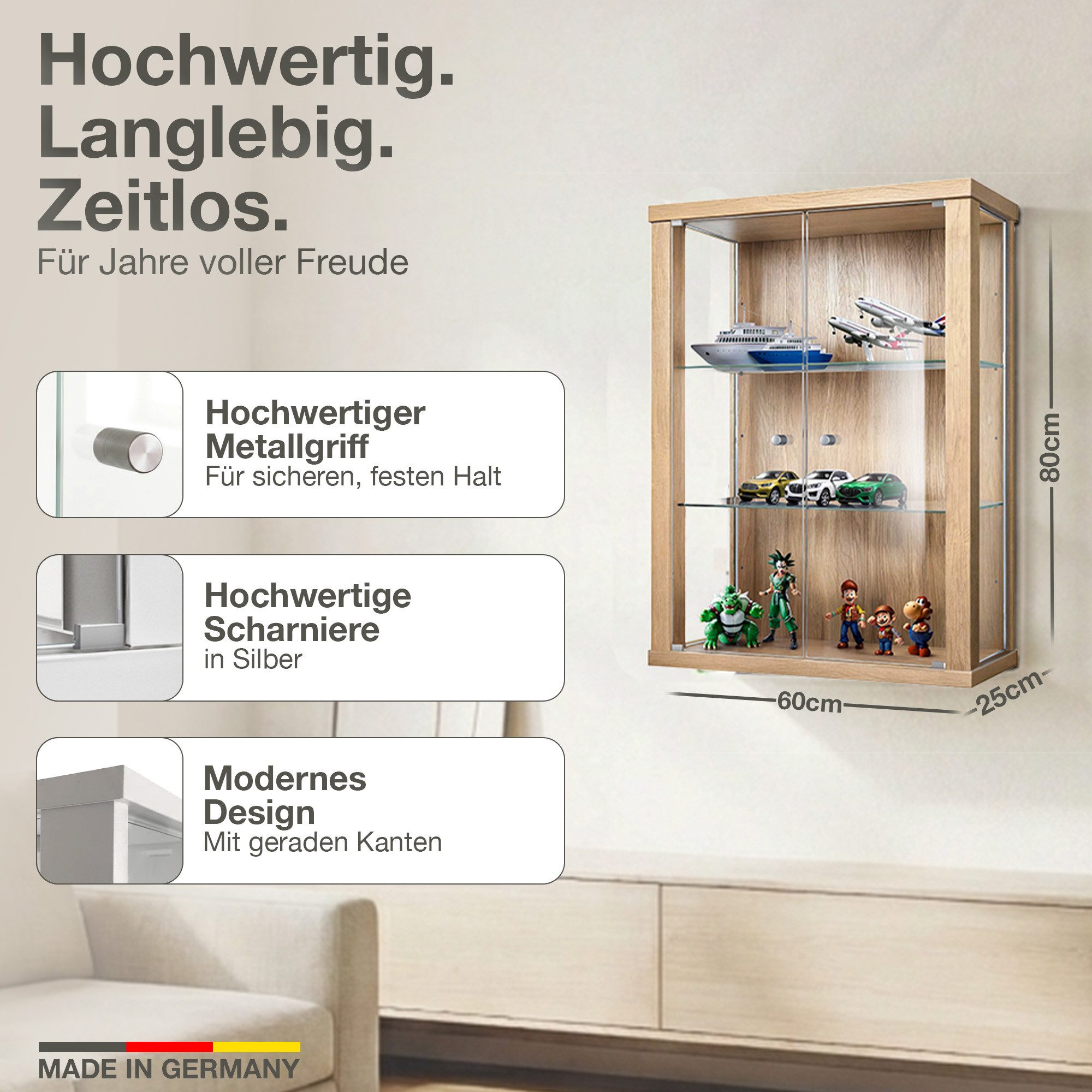 K-Möbel Hängevitrine C1012 (Glasvitrine (80x60x25 cm) mit 2 Glastüren) Glasvitrine hängend