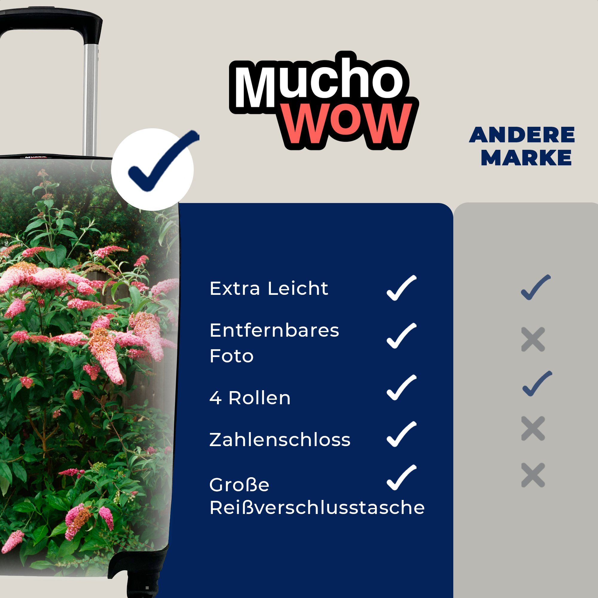 MuchoWow Handgepäckkoffer Rosa Schmetterlingsstrauch in Rollen, Trolley, rollen, 4 Reisekoffer Ferien, Handgepäck für mit einem Reisetasche Garten