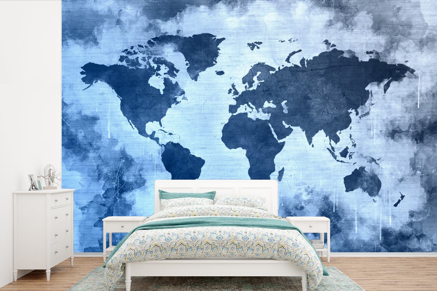 MuchoWow Fototapete Weltkarte - Farbe - Blau, Matt, bedruckt, (6 St), Wallpaper für Wohnzimmer, Schlafzimmer, Kinderzimmer, Vinyl Tapete