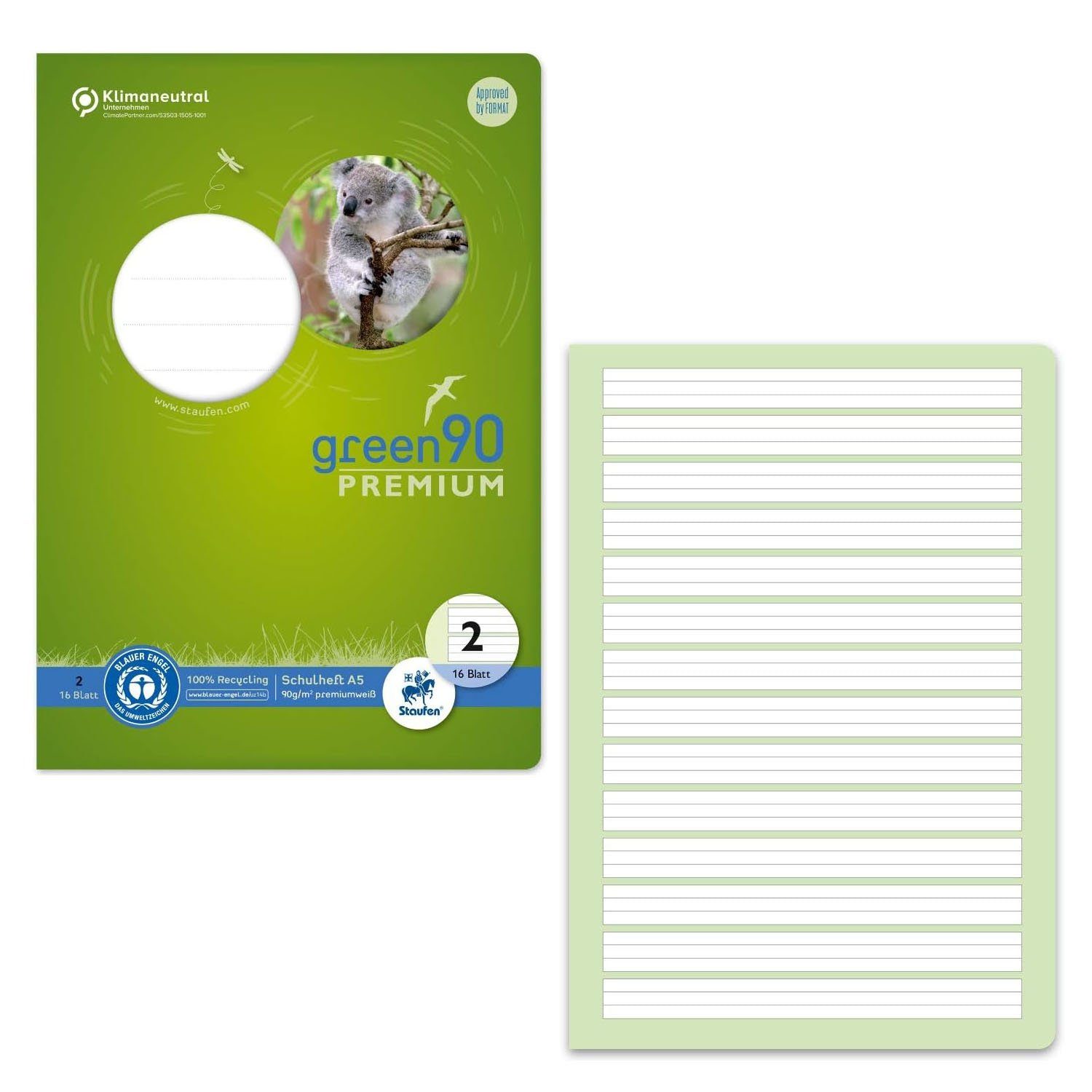 Staufen Schulheft STAUFEN Green Schulheft Lin2 A5 16 Blatt 90g/qm 4/4/4mm liniert farbig
