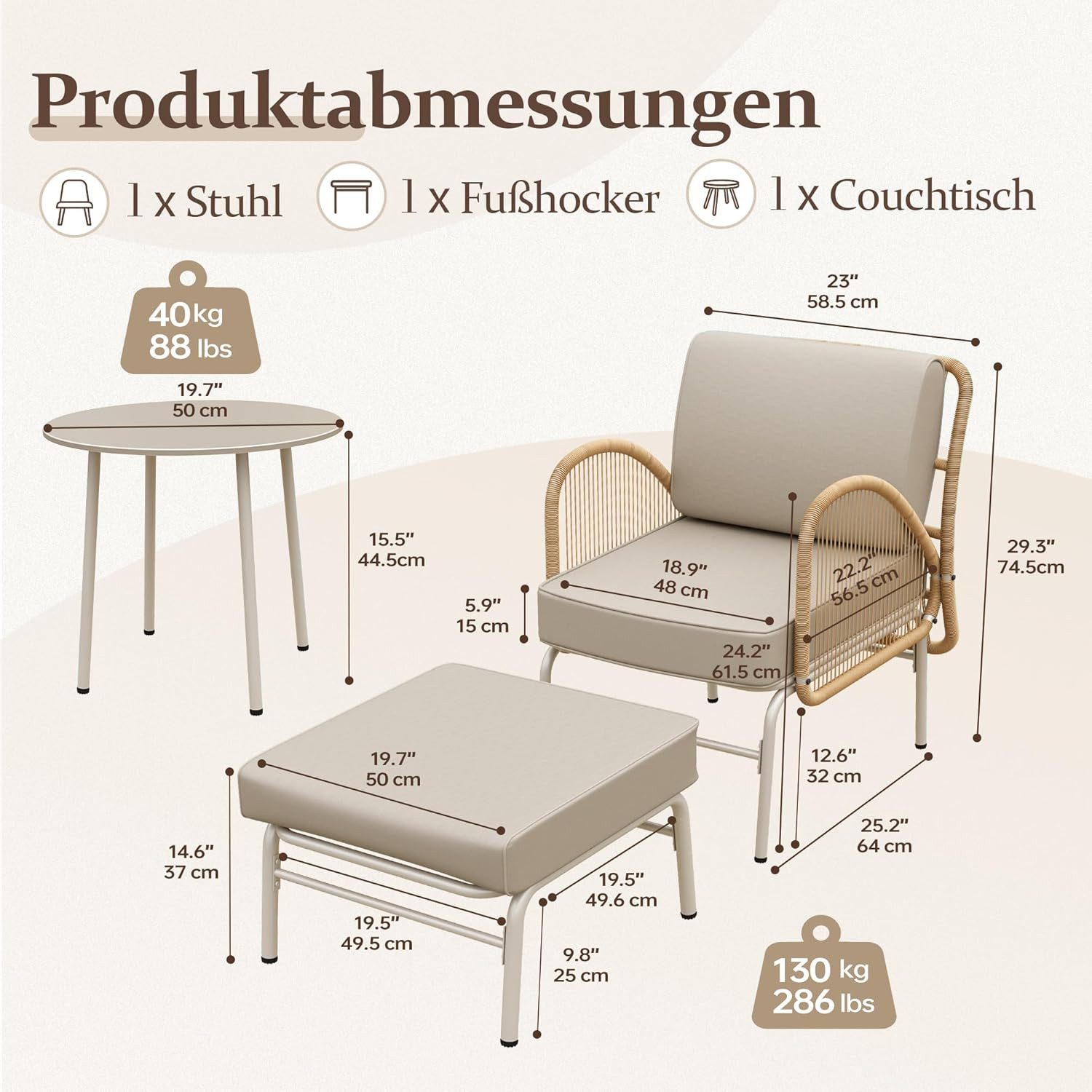 GOTLAND Sitzgruppe Rattan-Sitzgruppe für Terrasse & Garten, Outdoor-Loungesessel, (Set, 3-tlg), mit Hocker und rundem Couchtisch