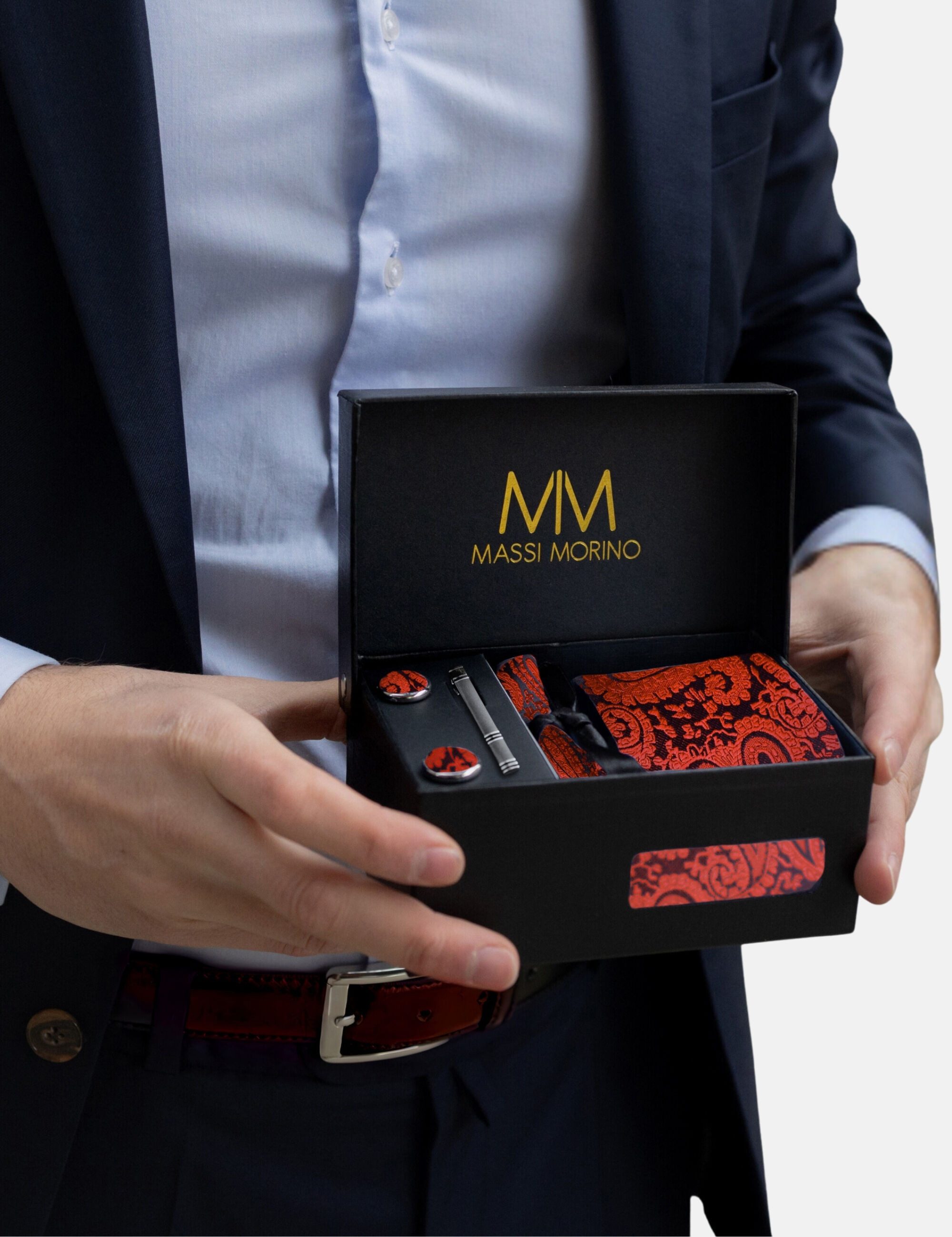 Massi Morino Krawatte (1-St) mit Einstecktuch, Manschettenknöpfen und Krawattenklammer
