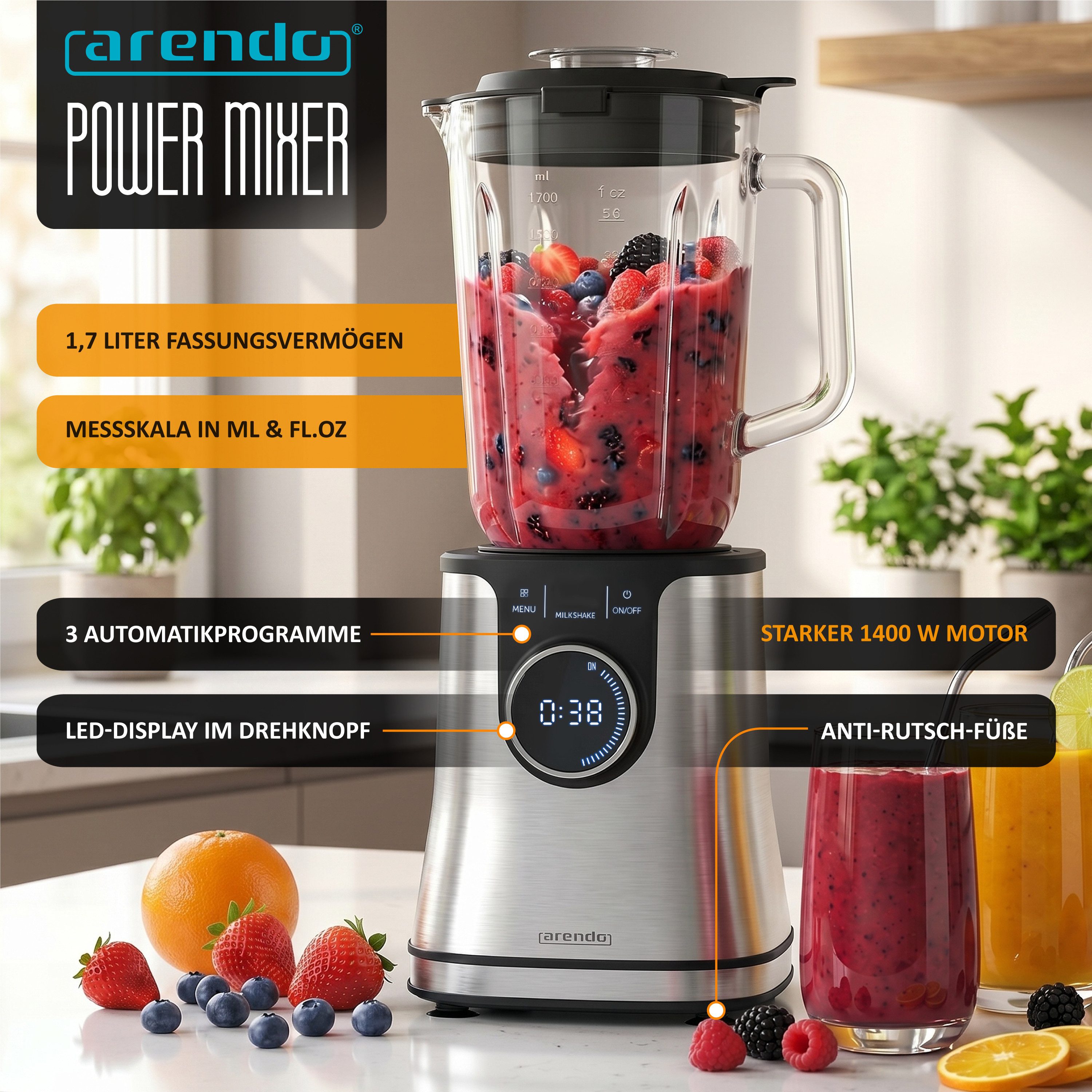 Arendo Standmixer Edelstahl Power Mixer, 1,7l Glasbehälter, Hochleistungsmixer, Blender, 1400 W, Edelstahlmesser, 10 Leistungsstufen, Pulsfunktion, Hochleistungsmixer