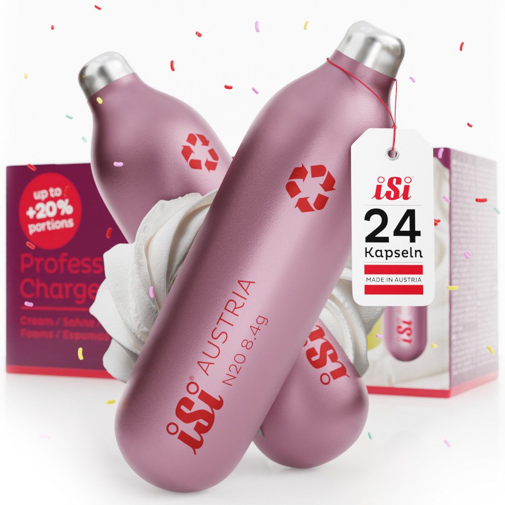 iSi Gaskartusche ISI Sahnekapseln 24 - Professional Charger, Zubehör für iSi Creative Whip, iSi Gourmet Whip, iSi Cream Profi Whip, iSi Thermo Whip, 24 St., 8,4 g Reines N2O, 100% recycelbar