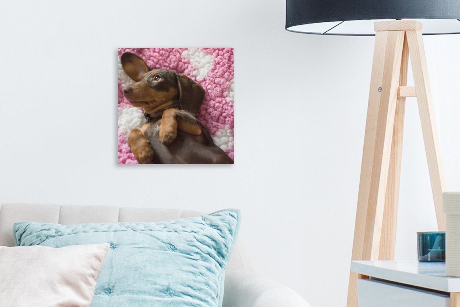 Wohnzimmer Decke, Schlafzimmer einer OneMillionCanvasses® für Ein (1 Leinwand Leinwandbild rosa Bilder Dackelwelpe St), auf
