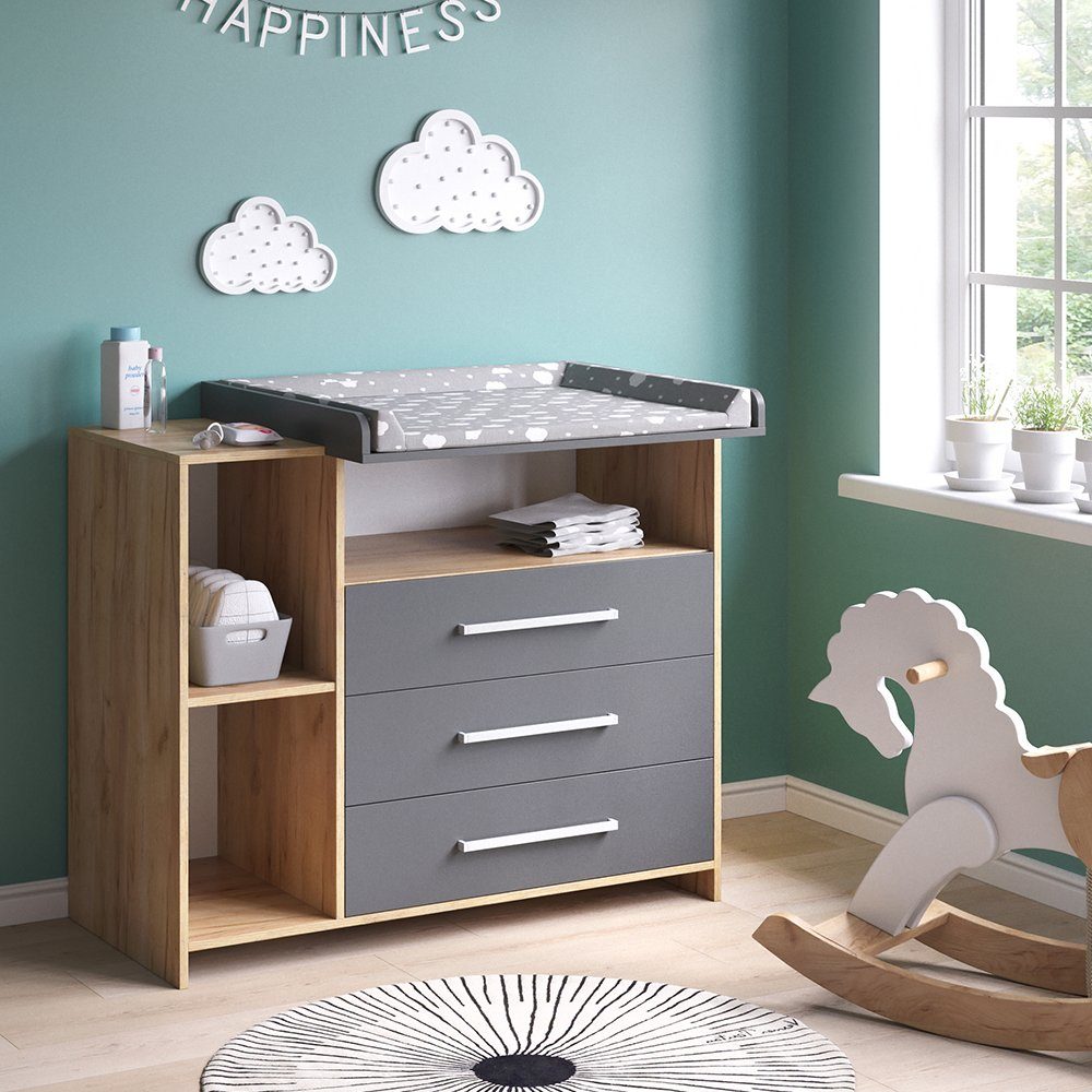 Vicco Wickelkommode Oskar, Goldkraft Eiche/Anthrazit, 113 x 100 cm