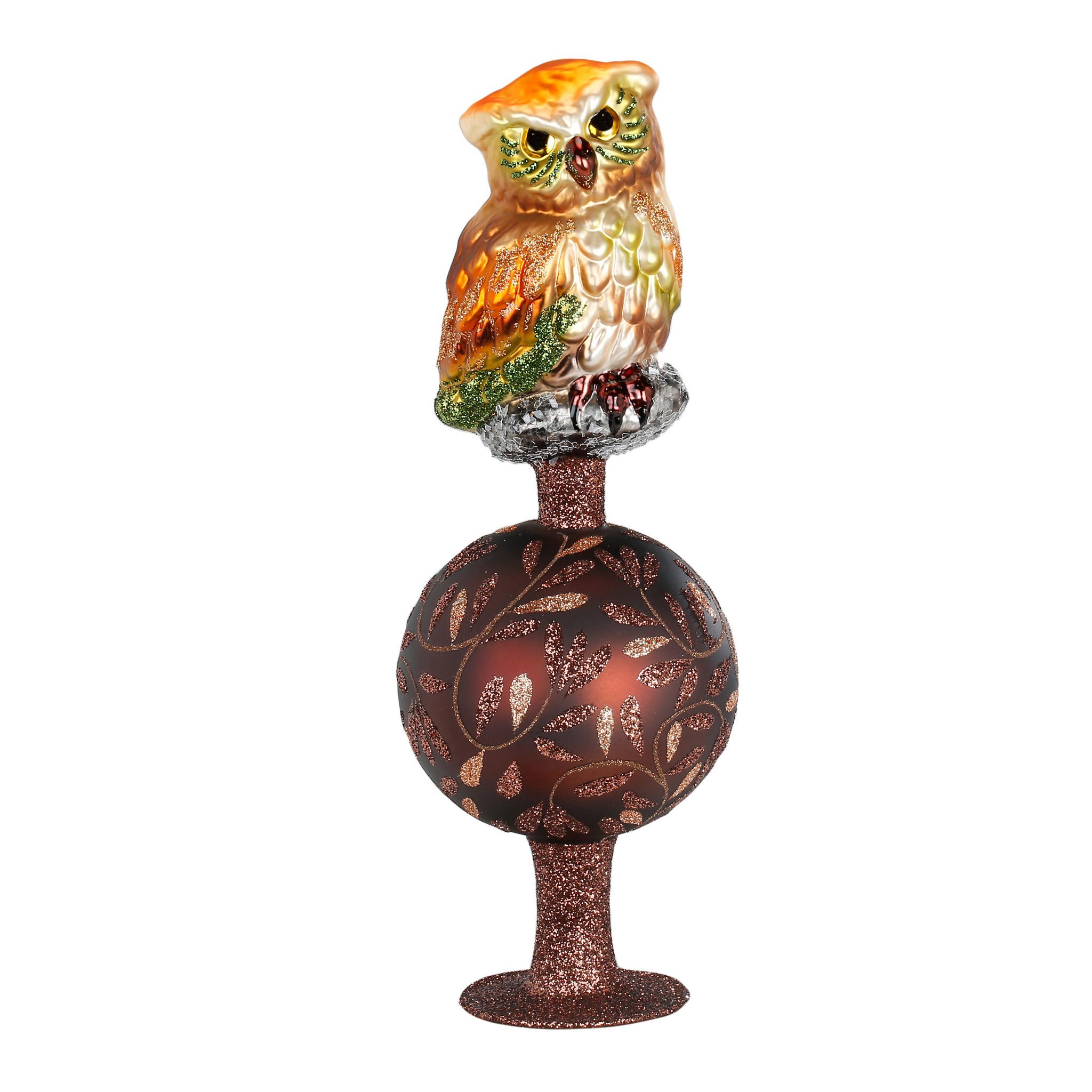 INGE-GLAS® Christbaumspitze, Christbaumspitze Glas Eule und florale Ornamente 28cm Braun matt