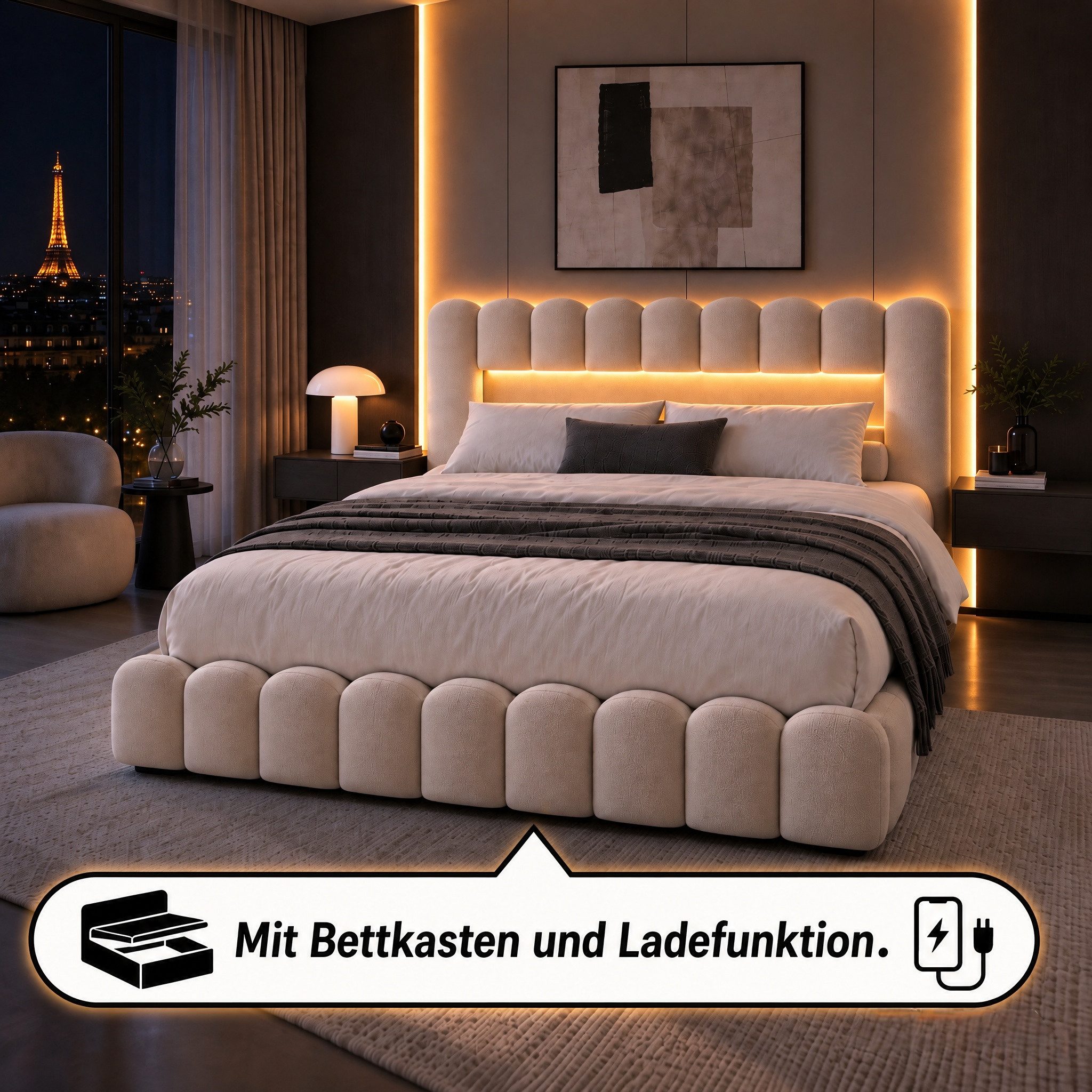 Gdood Polsterbett Stauraumbett Doppelbett LED (Type-C + USB, Hydraulisch hebbarer Stauraum), Mit Bettkasten, LED-Beleuchtung, USB-Anschluss, 180x200 cm