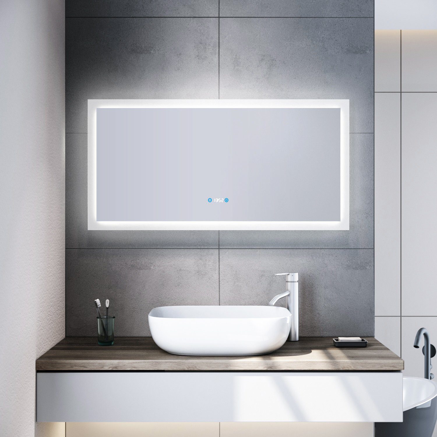 SONNI Badspiegel mit led cm 120x60 Badspiegel Beschlagfrei,Touch,Uhr,Temperaturanzeige beleuchtung Beschlagfrei