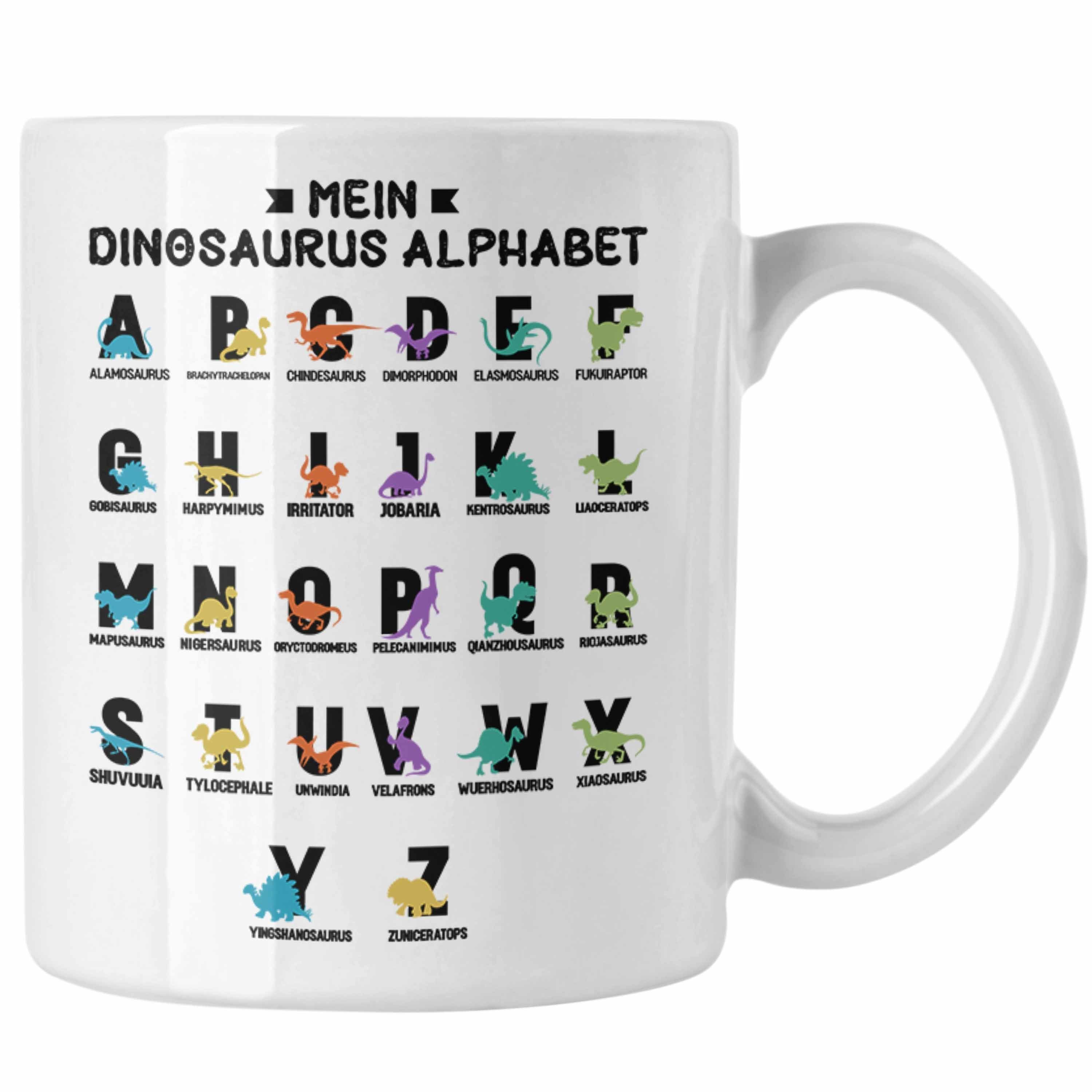 Trendation Alphabet Geschenk Tasse Dino Kinder Weiss Klasse A-Z Dinosaurier Grundschule 1. ABC Arten - Trendation T-Rex Mein