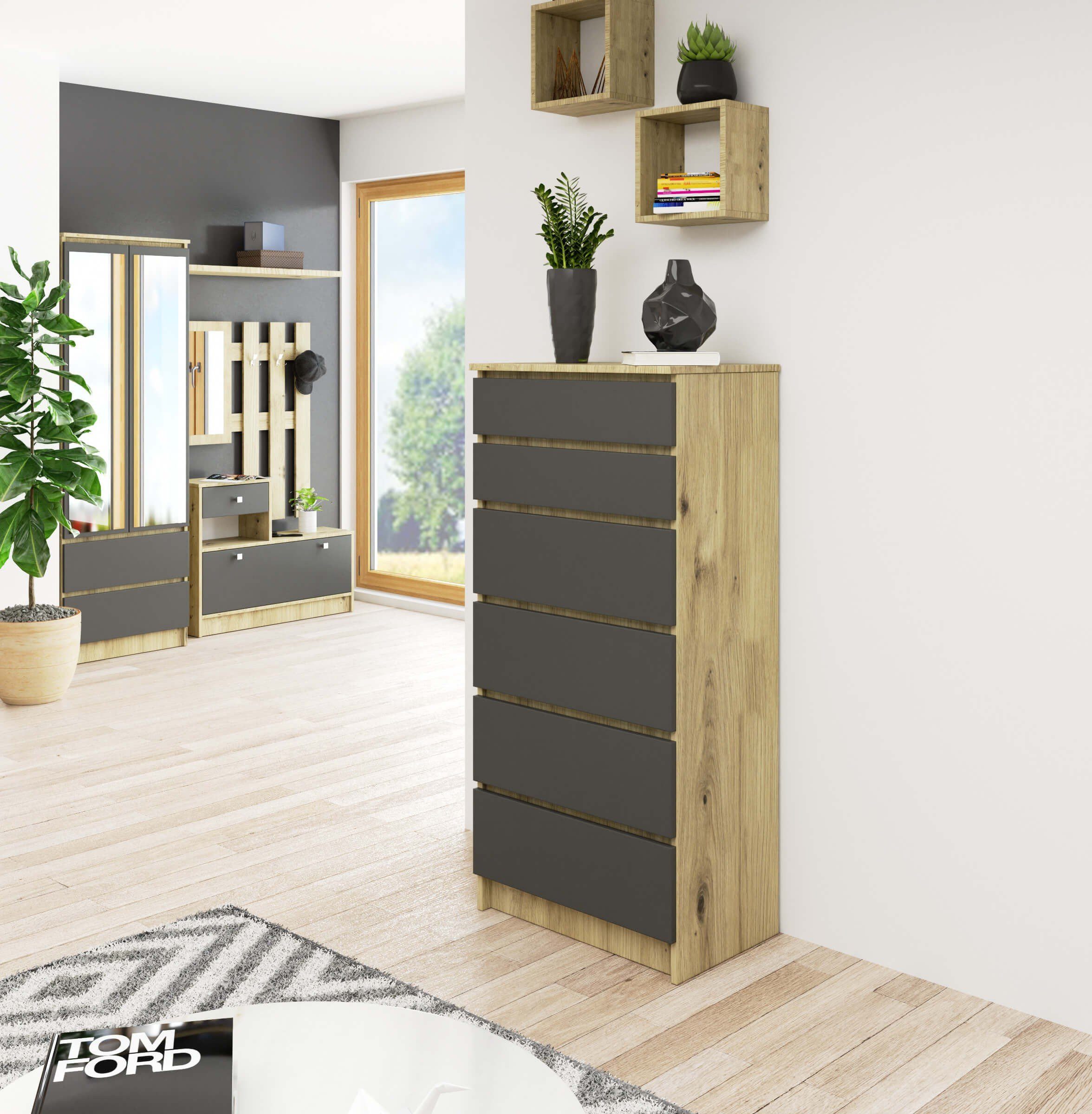 Raumhirsch Furniture Kommode mit 6 Schubladen 60 cm breit Holz Schrank, (viele Farbvarianten - Maße: 130 x 60 x 40 cm) - Hochwertig & stabil