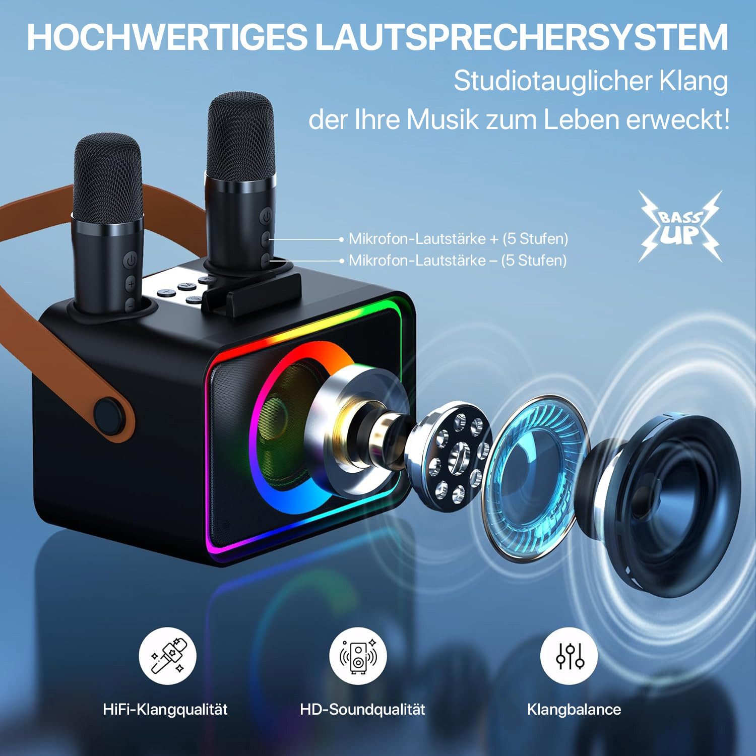 ANYSUN Karaoke Maschine mit 2 Karaoke Mikrofonen, Tragbare Karaoke Box Bluetooth-Lautsprecher (Party-Lautsprecher, Karaoke-All-in-One-Maschine, mit Lichteffekten)