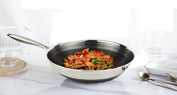 KESSMANN Bratpfanne Edelstahl Wokpfanne 32 cm 4tlg Induktion Bratpfanne Pfanne Set, Edelstahl (Set, 4-tlg., Inkl. 1 Pfannenwender + 1 Untersetzer + 1 Holzlöffel Antihaft), Wok Pfanne für alle Herdarten Hochrand Fanne Bräter Servierpfanne