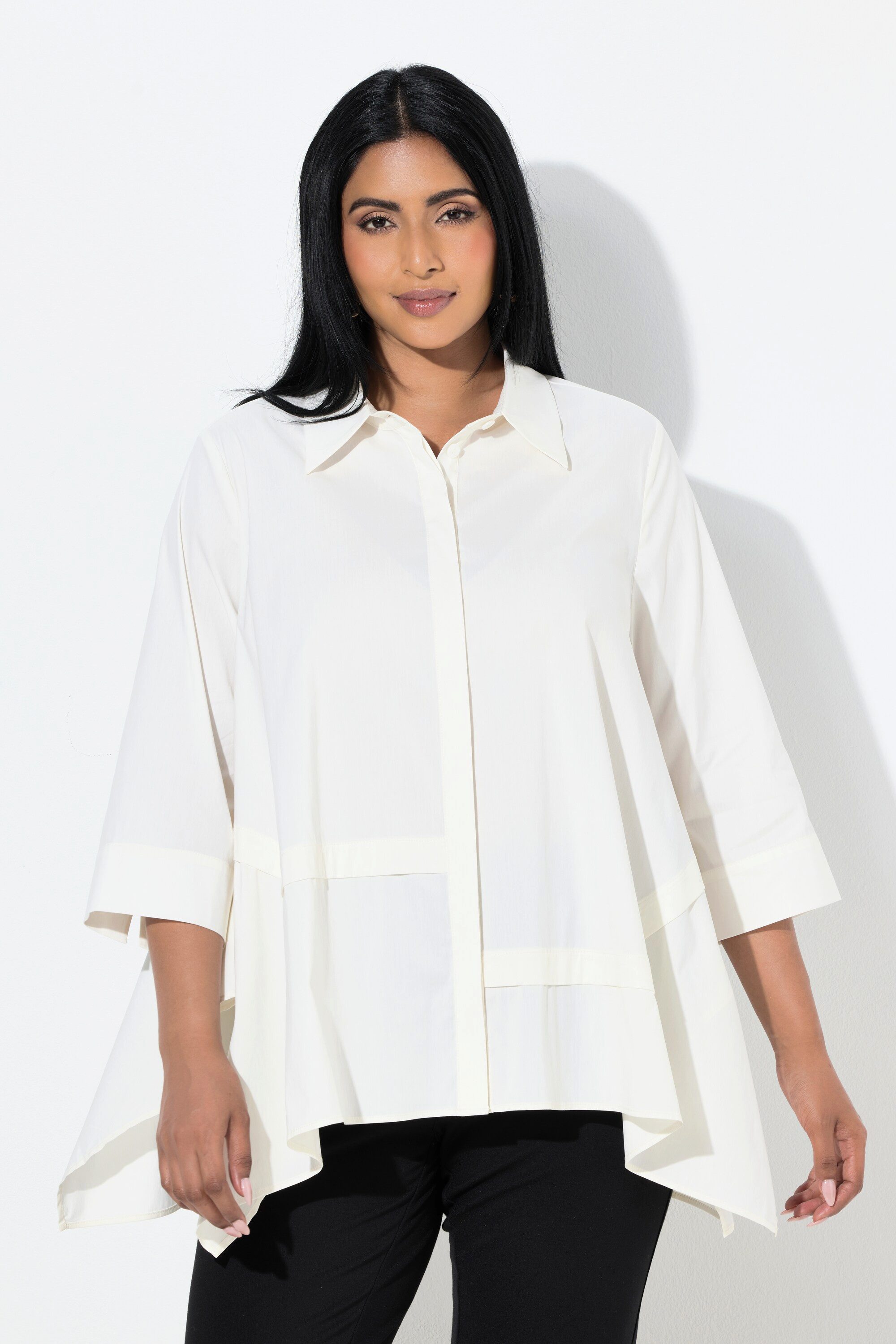 Ulla Popken Longbluse Bluse Ziernähte Hemdkragen 3/4-Arm asymmetrisch günstig online kaufen