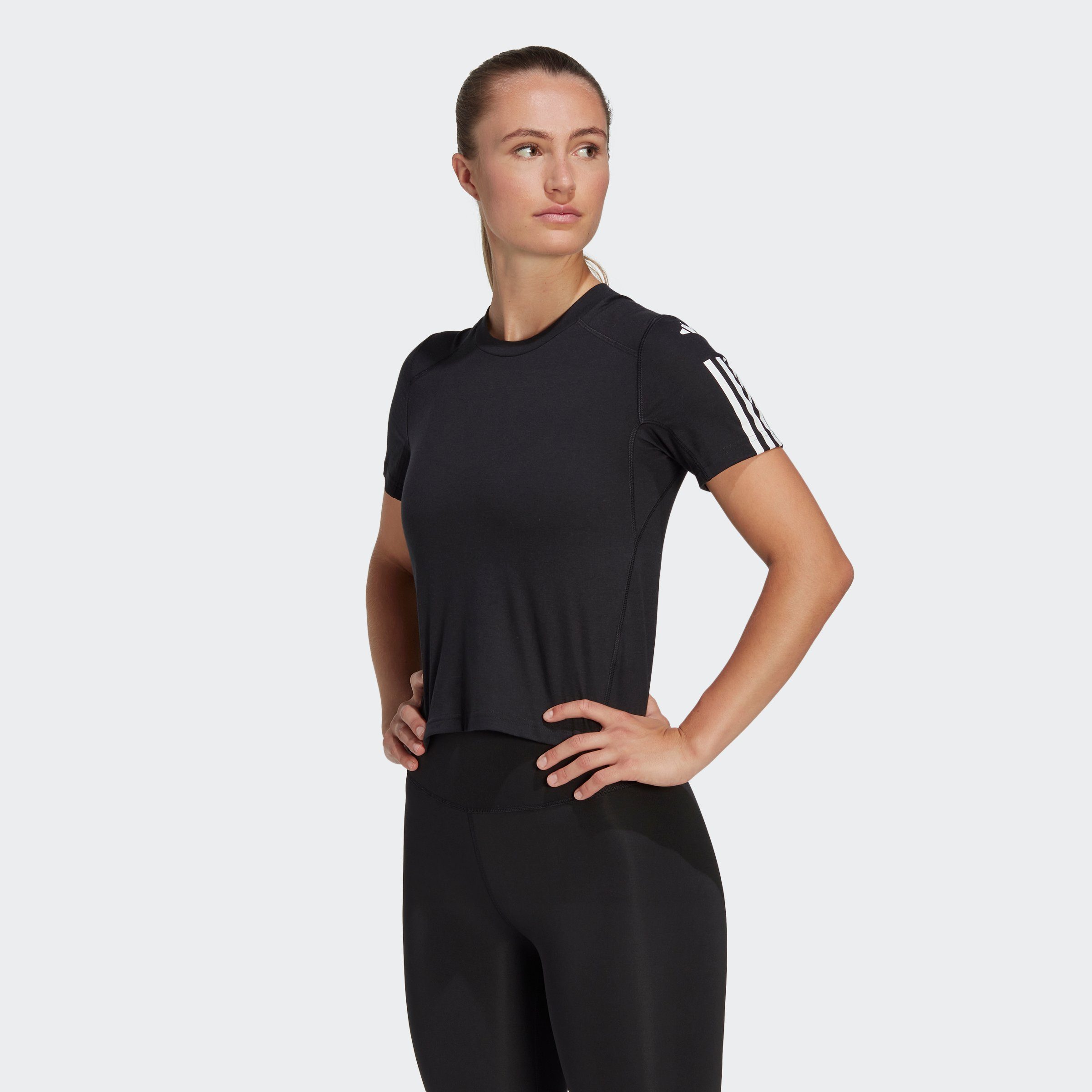 adidas Performance T-Shirt TRAIN ESSENTIALS TRAIN COTTON 3-STREIFEN CROP Black / White | Sport-T-Shirts