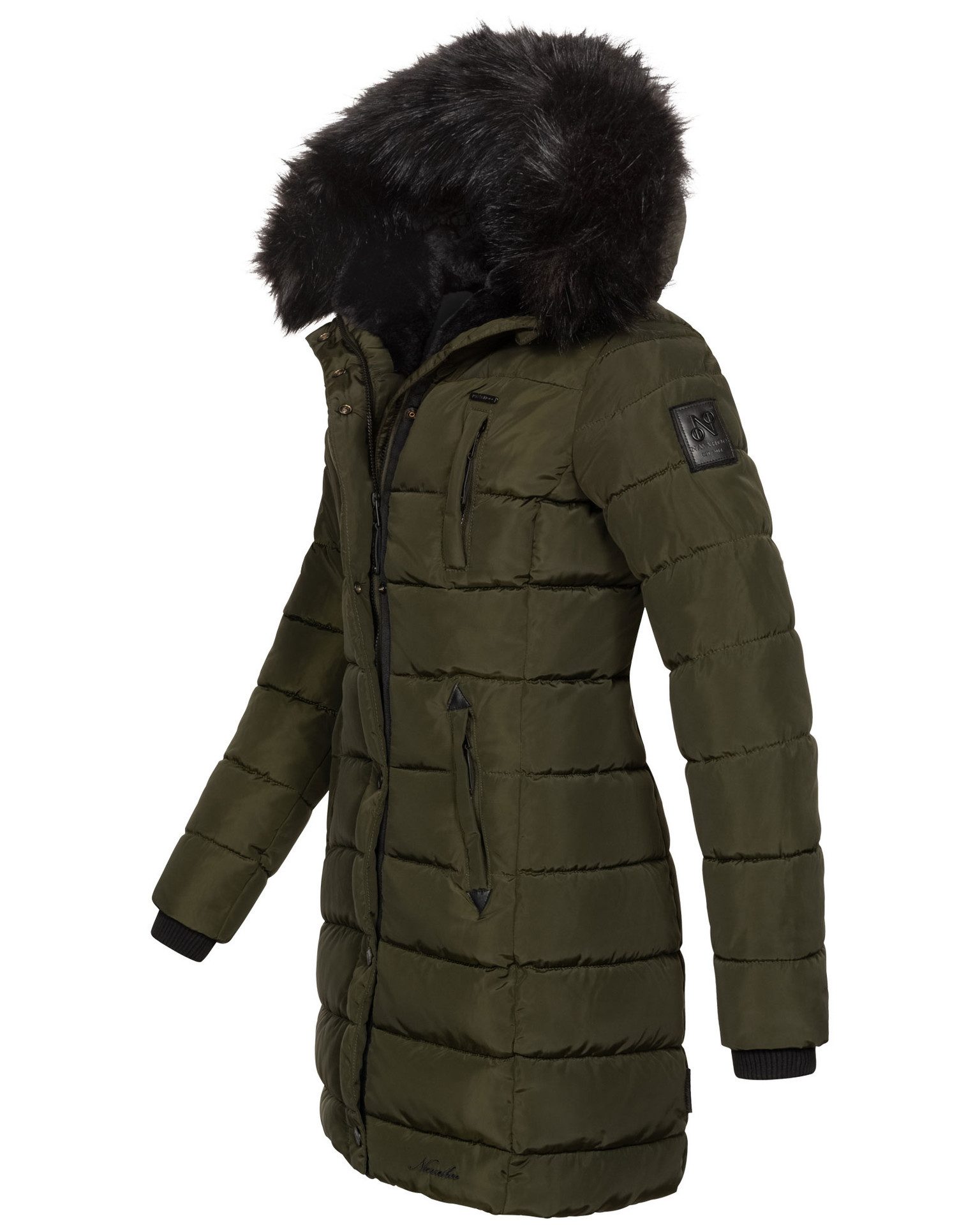 Navahoo Winterjacke Steppjacke lang mit Kapuze – Warm gefüttert Lange Winterjacke mit Teddyfutter und abnehmbarem Kunstfell