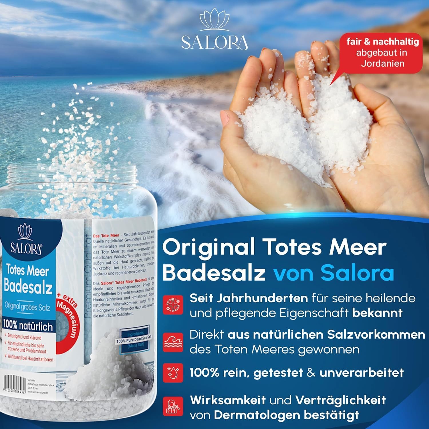 Salora Original Dead Sea Bath Salt, Premium from Jordan, 1-piece, for full bath or foot bath, salt with exfoliating effect