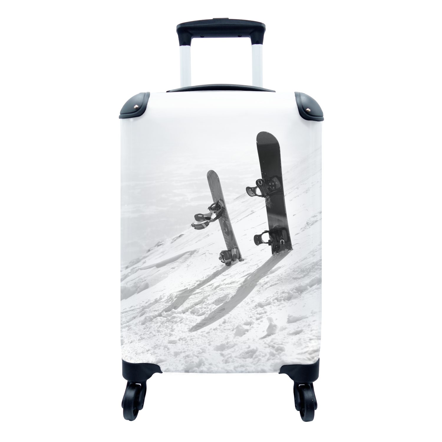MuchoWow Handgepäckkoffer Zwei Snowboards stehen aufrecht in einer dicken Schneedecke - schwarz, 4 Rollen, Reisetasche mit rollen, Handgepäck für Ferien, Trolley, Reisekoffer